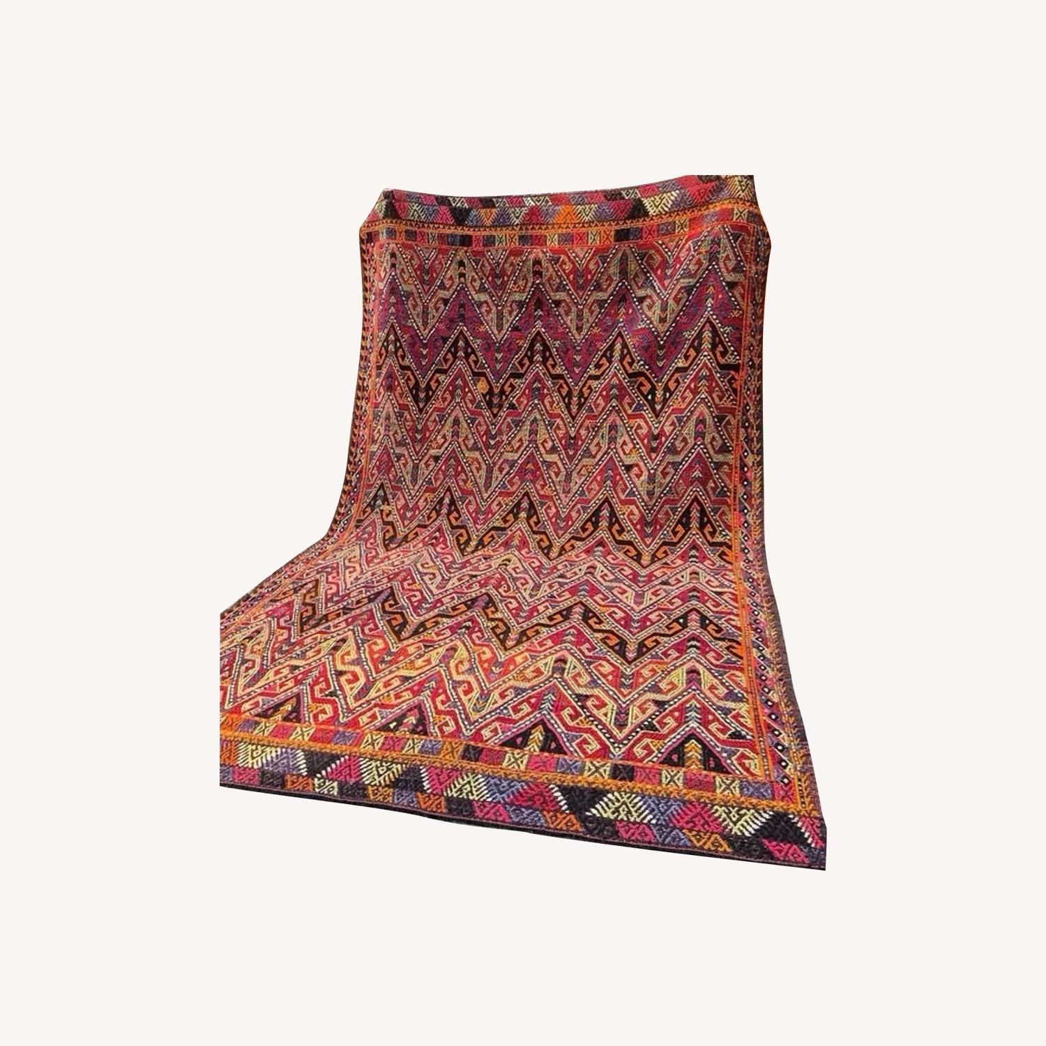 Handwoven Rug Semi-Antique Cecim Kilim In Crimson - image-0