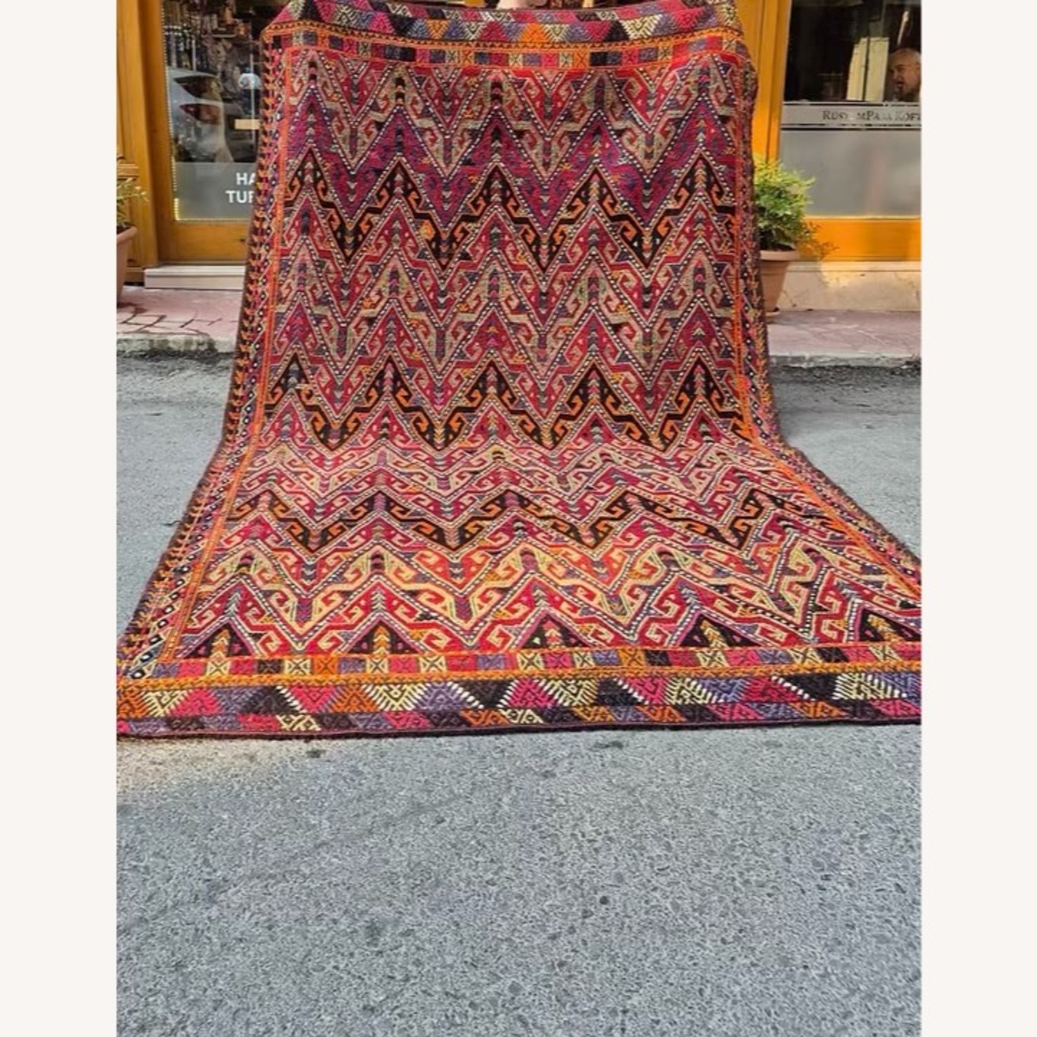 Handwoven Rug Semi-Antique Cecim Kilim In Crimson - image-6