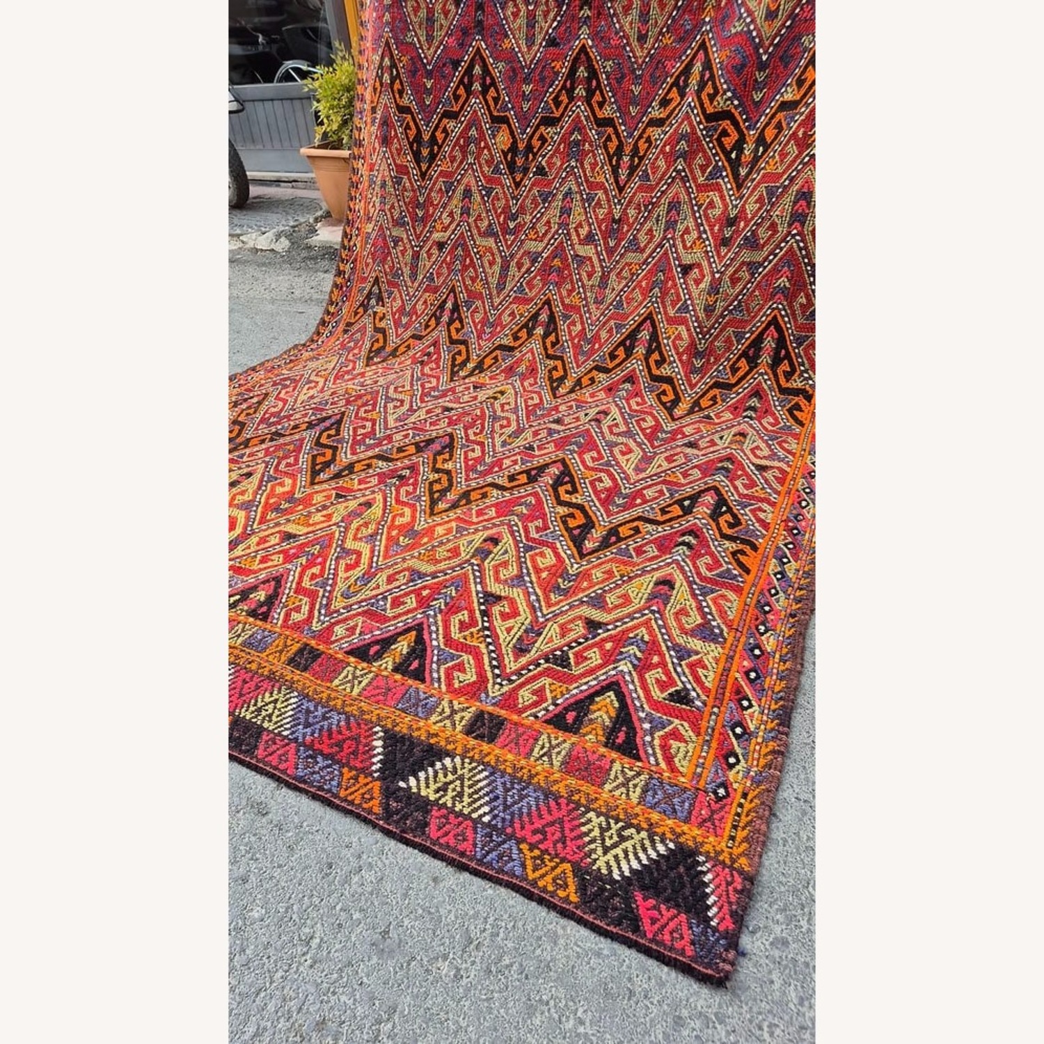 Handwoven Rug Semi-Antique Cecim Kilim In Crimson - image-9