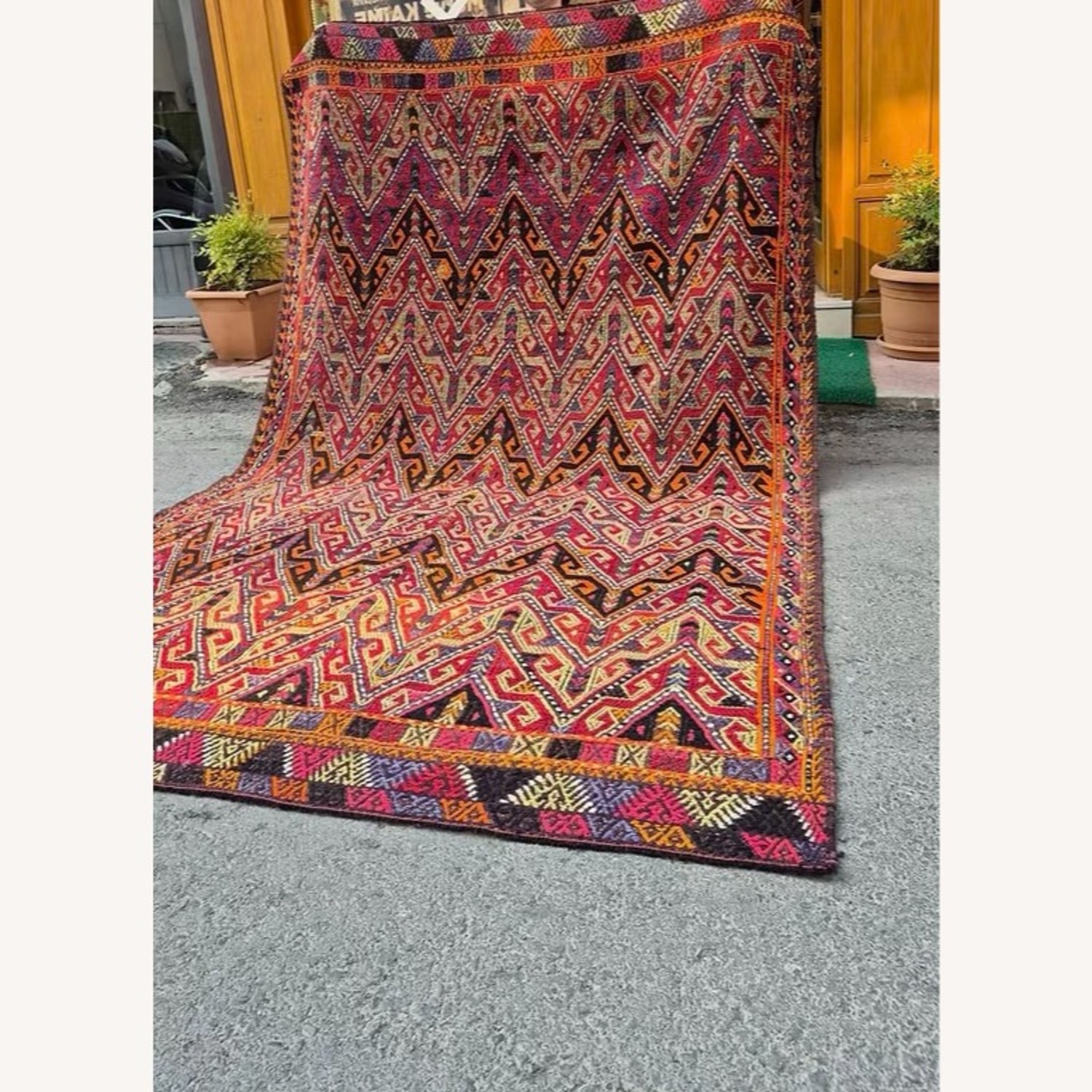 Handwoven Rug Semi-Antique Cecim Kilim In Crimson - image-8