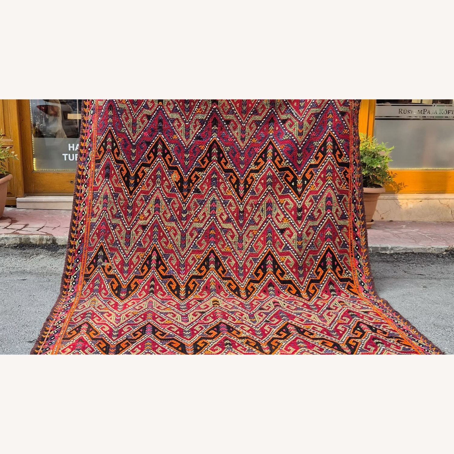 Handwoven Rug Semi-Antique Cecim Kilim In Crimson - image-4