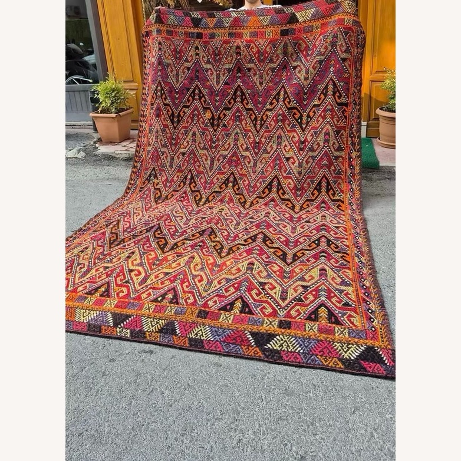 Handwoven Rug Semi-Antique Cecim Kilim In Crimson - image-5