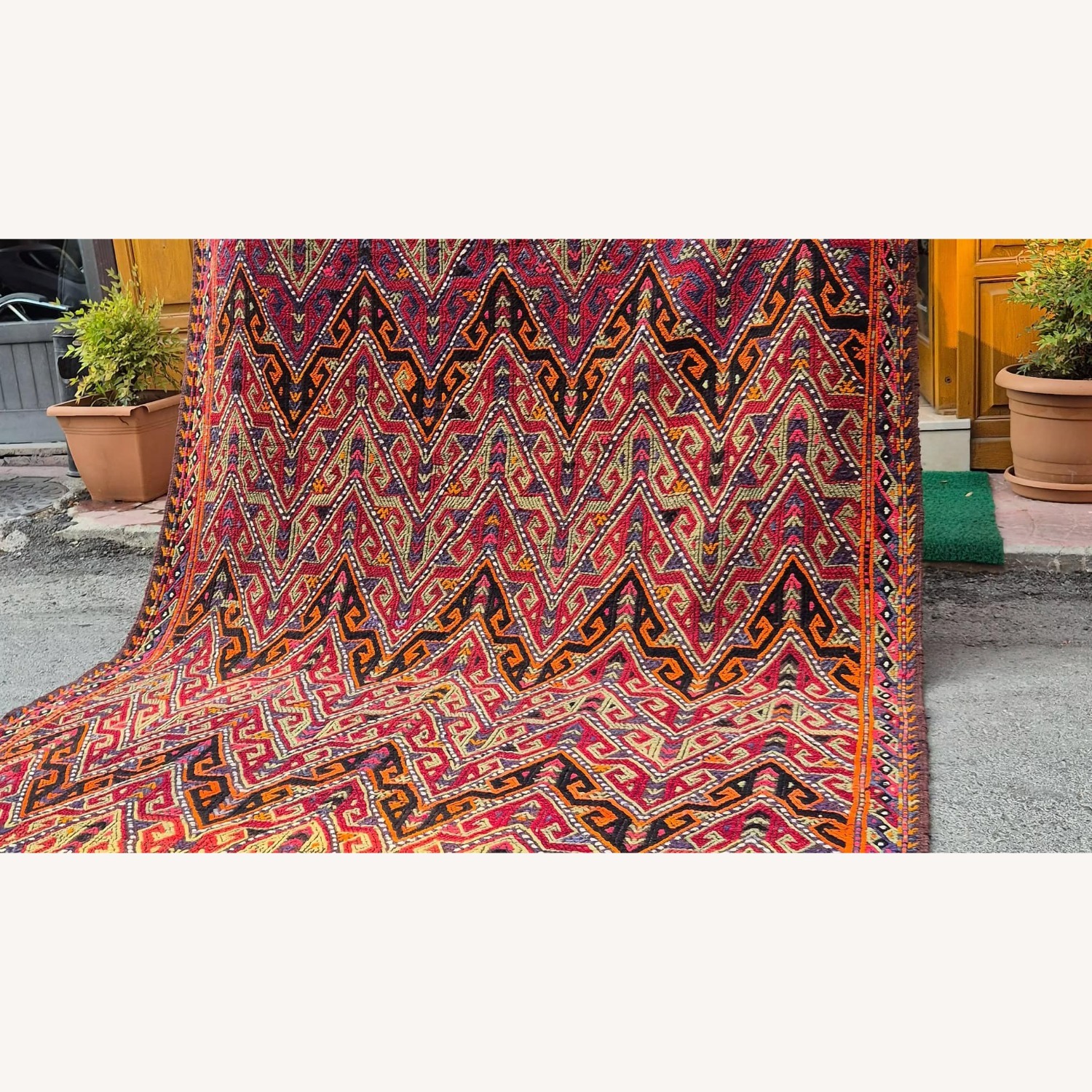 Handwoven Rug Semi-Antique Cecim Kilim In Crimson - image-2