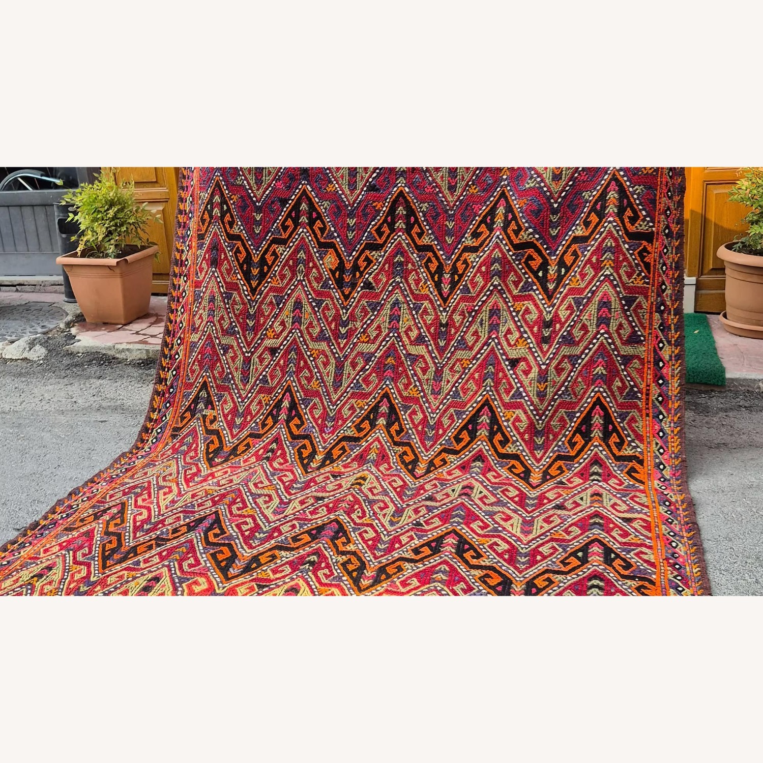 Handwoven Rug Semi-Antique Cecim Kilim In Crimson - image-10