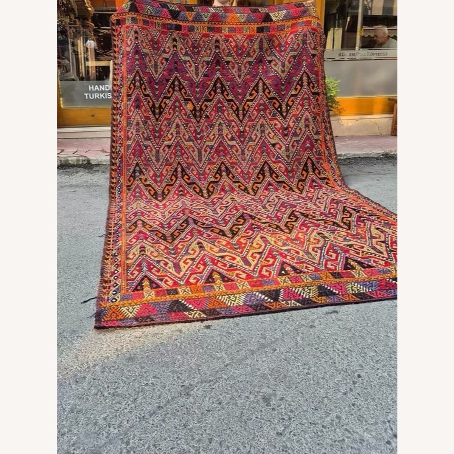 Handwoven Rug Semi-Antique Cecim Kilim In Crimson - image-7