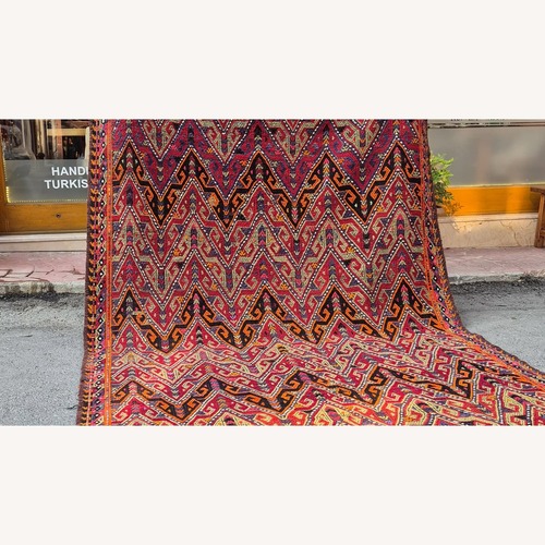 Used Handwoven Rug Semi-Antique Cecim Kilim In Crimson for sale on AptDeco
