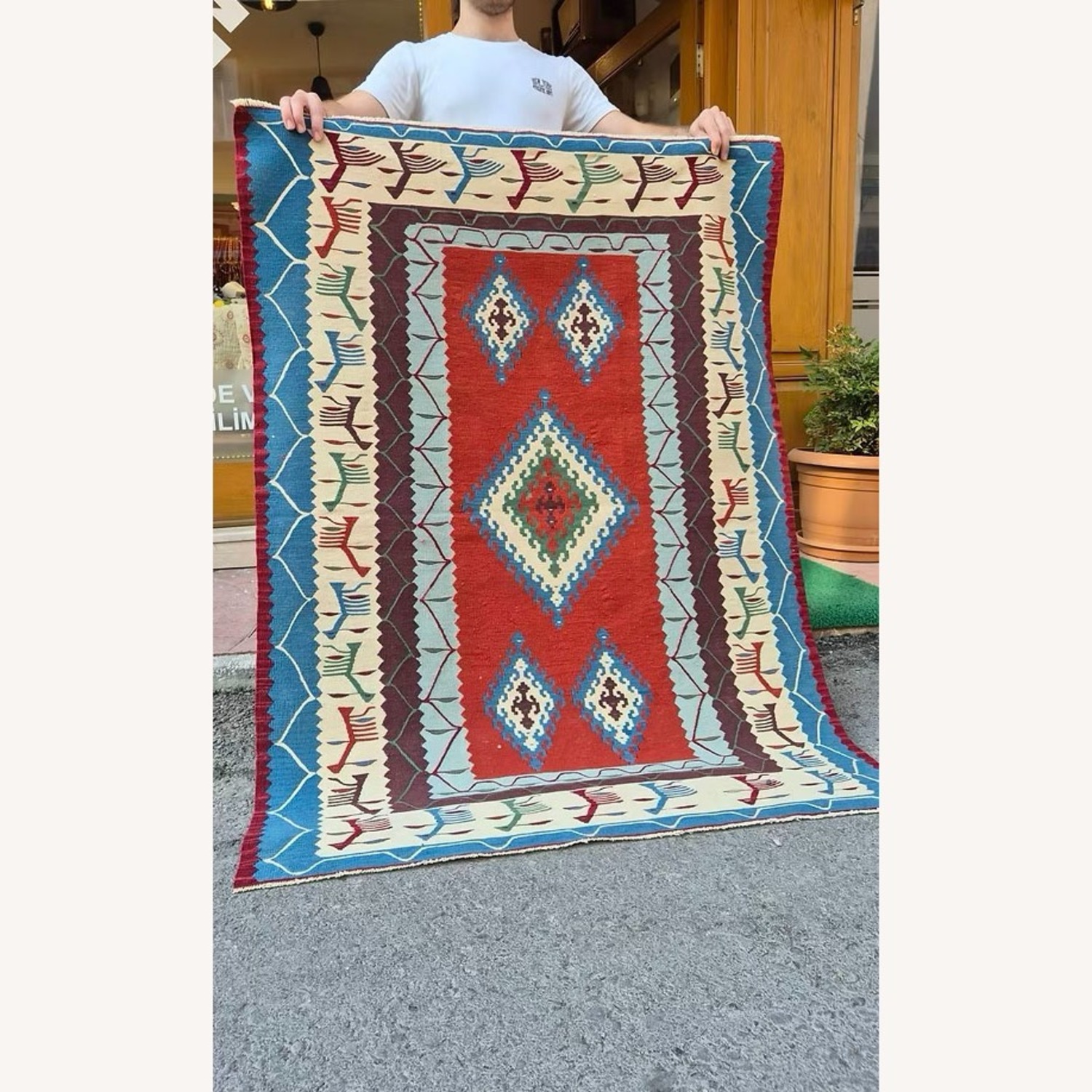 Oushak Flat-Weave Accent Rug Traditional Motfis - image-7