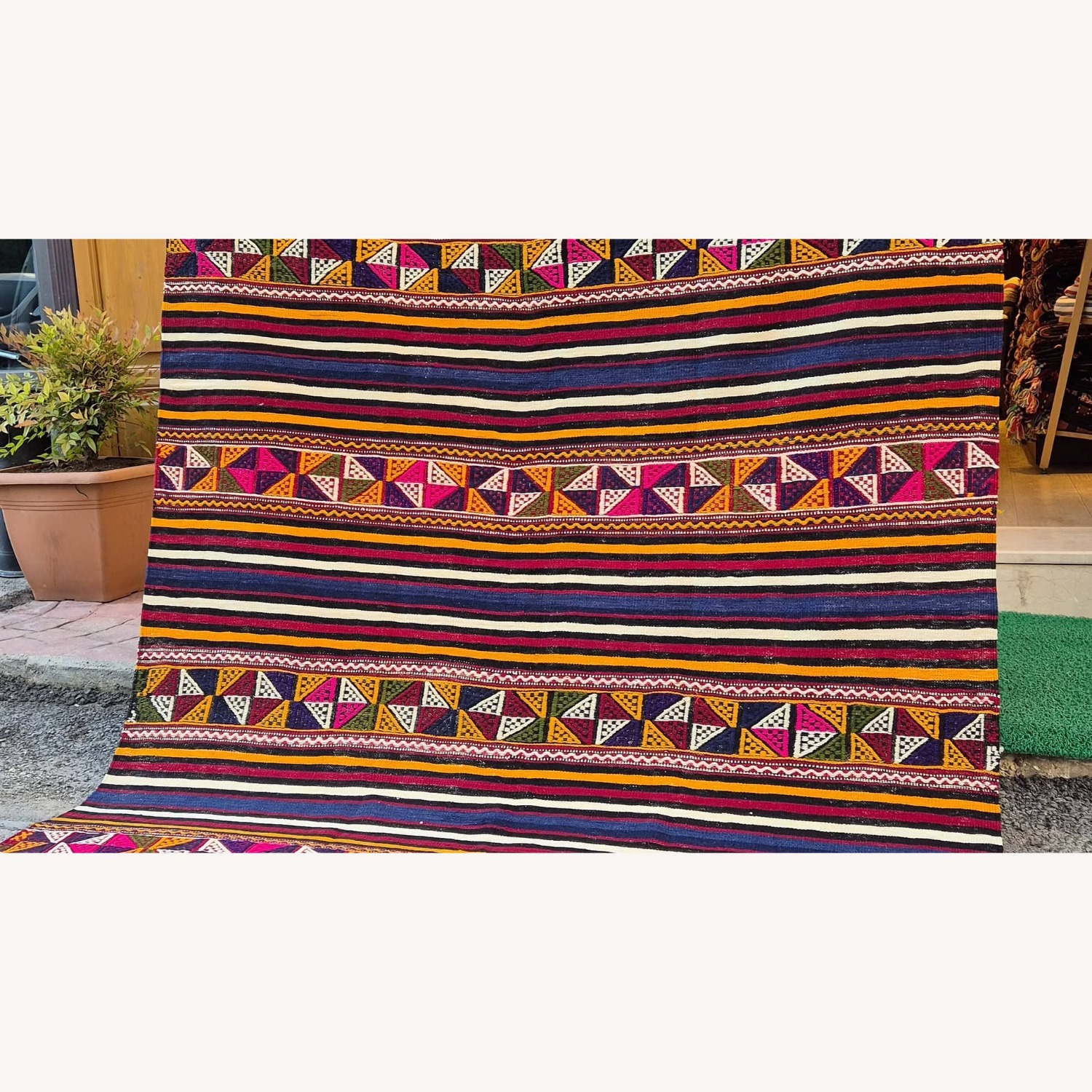 Vintage Handwoven Rug Balikesir Strioed Flat-Weave - image-4