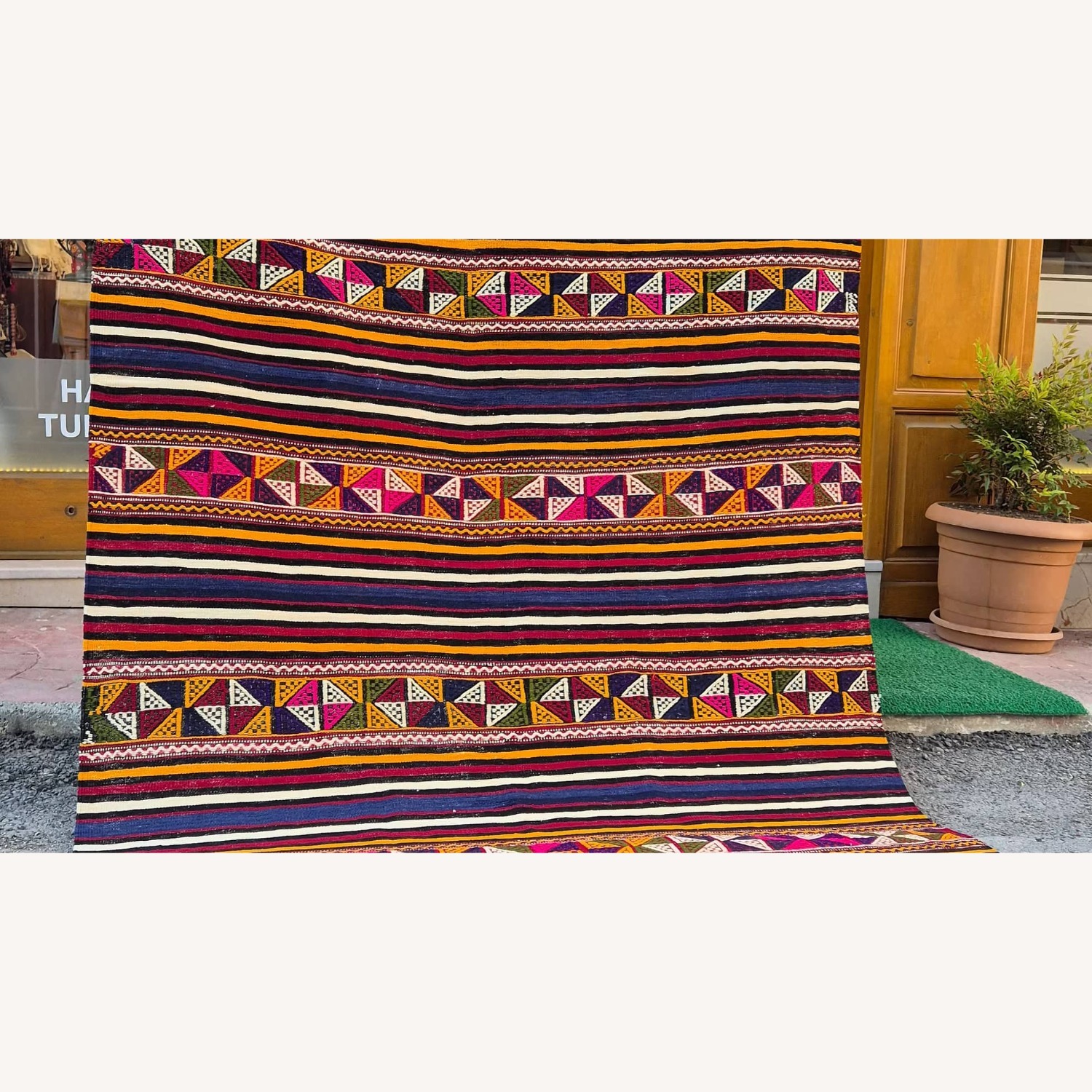 Vintage Handwoven Rug Balikesir Strioed Flat-Weave - image-2