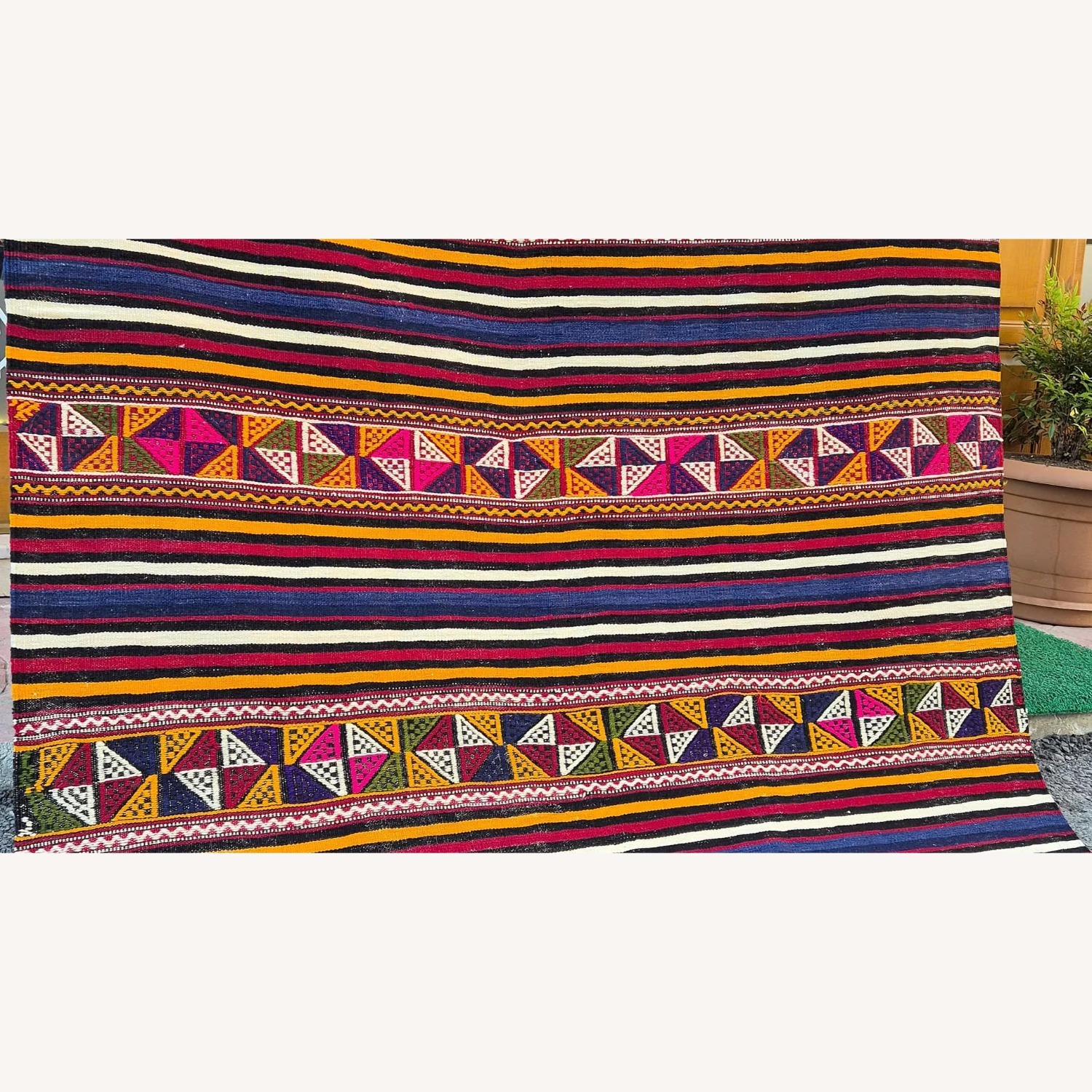 Vintage Handwoven Rug Balikesir Strioed Flat-Weave - image-5