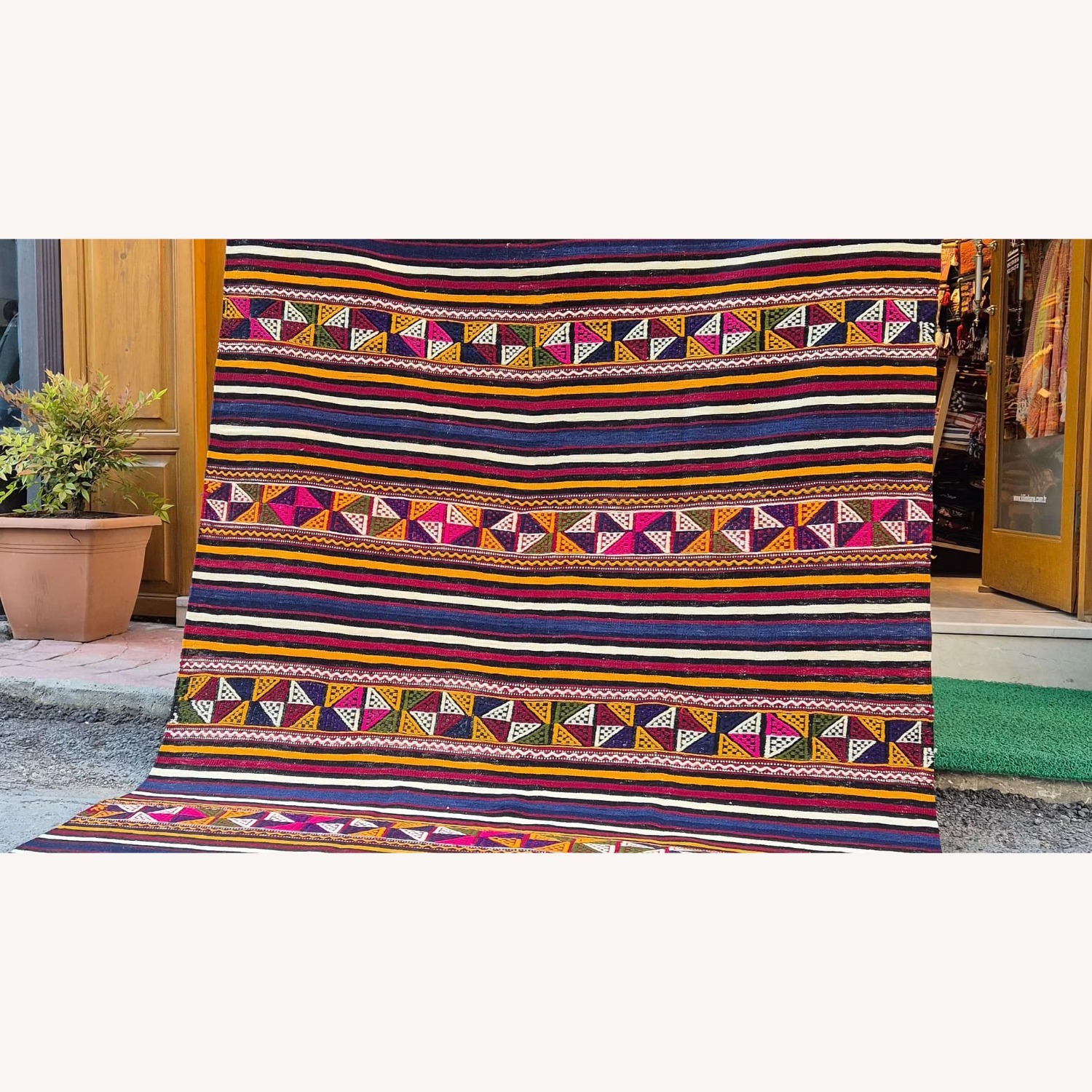 Vintage Handwoven Rug Balikesir Strioed Flat-Weave - image-1