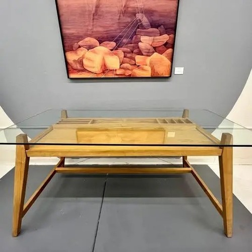 Used MCM Japanese Oak + Glass Top With Pull-Out Drawer for sale on AptDeco