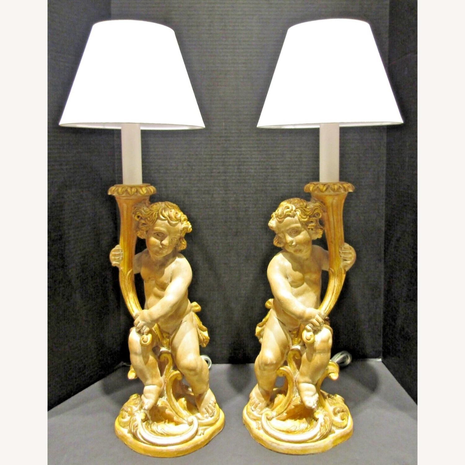 Pair Italian Hand Carved Putti Lamps - image-1