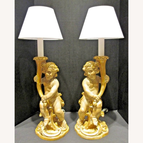 Used Pair Italian Hand Carved Putti Lamps for sale on AptDeco