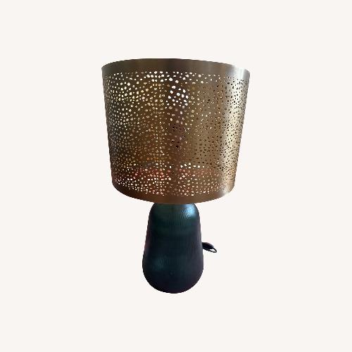 Used Fluted Emerald Glass Lamp With Brass Shade for sale on AptDeco