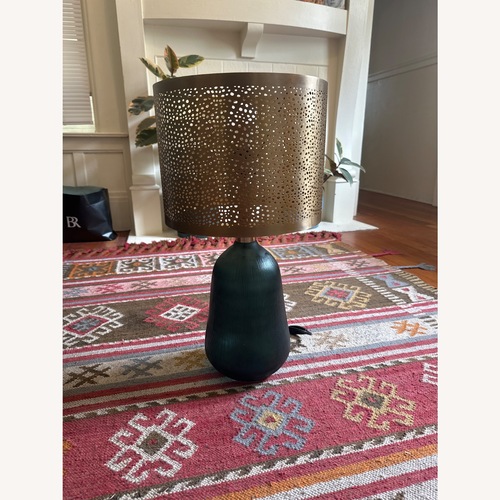 Used Fluted Emerald Glass Lamp With Brass Shade for sale on AptDeco