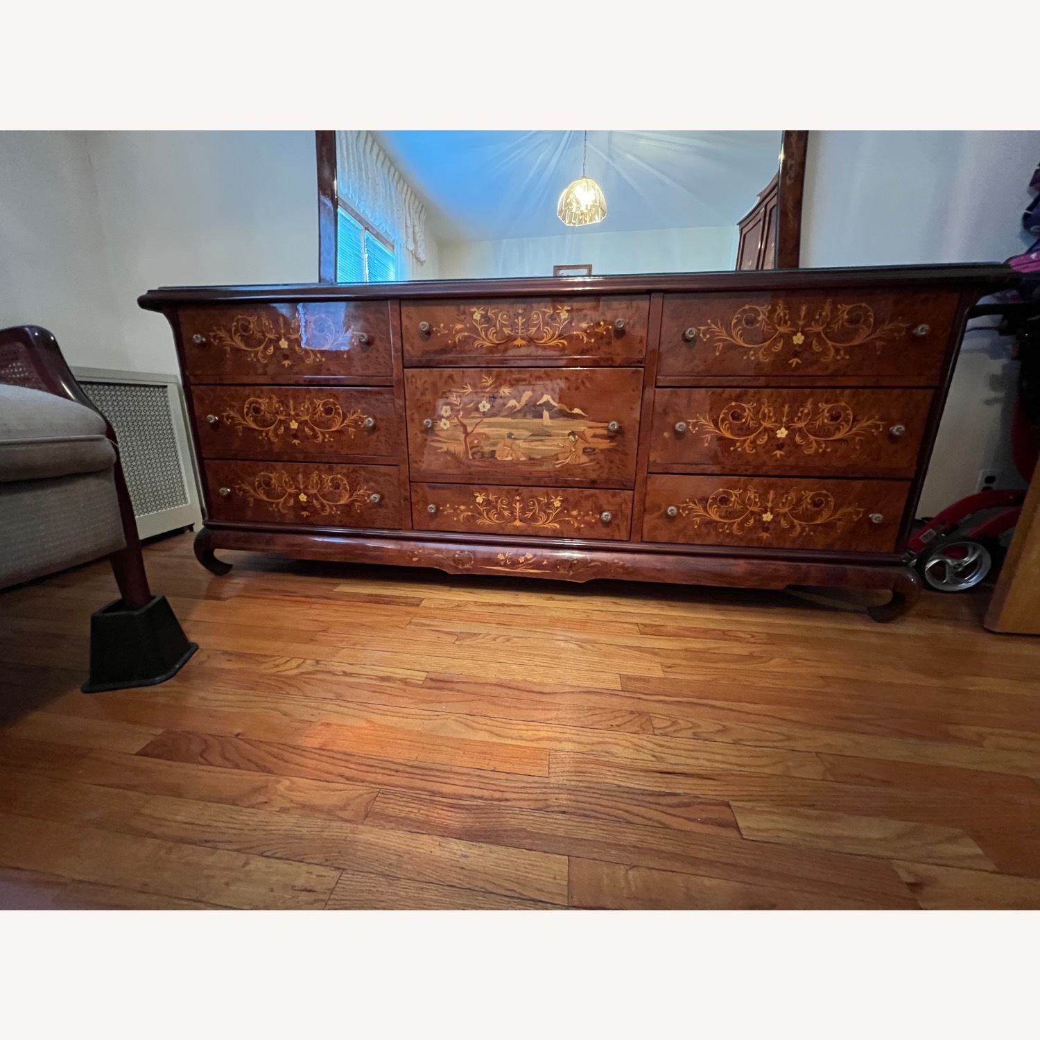 Inlaid Wood Dresser and Mirror - image-1
