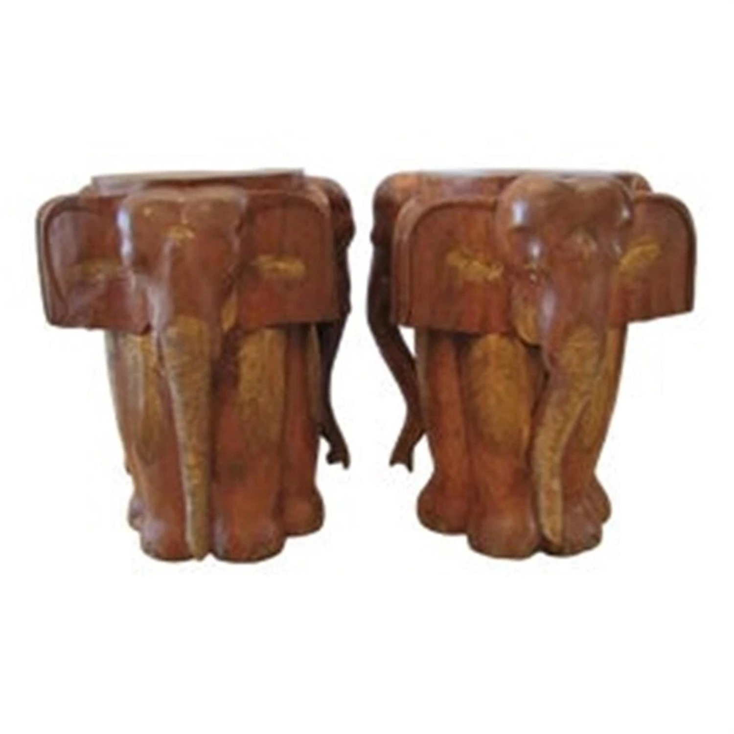 Vintage Pair Carved Wood Elephant Stools - image-1