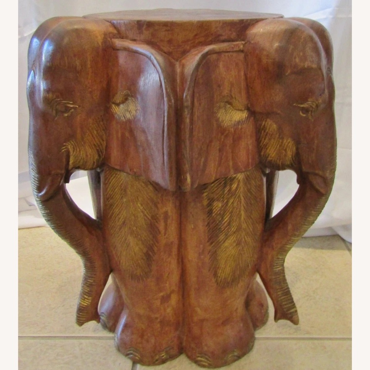 Vintage Pair Carved Wood Elephant Stools - image-7
