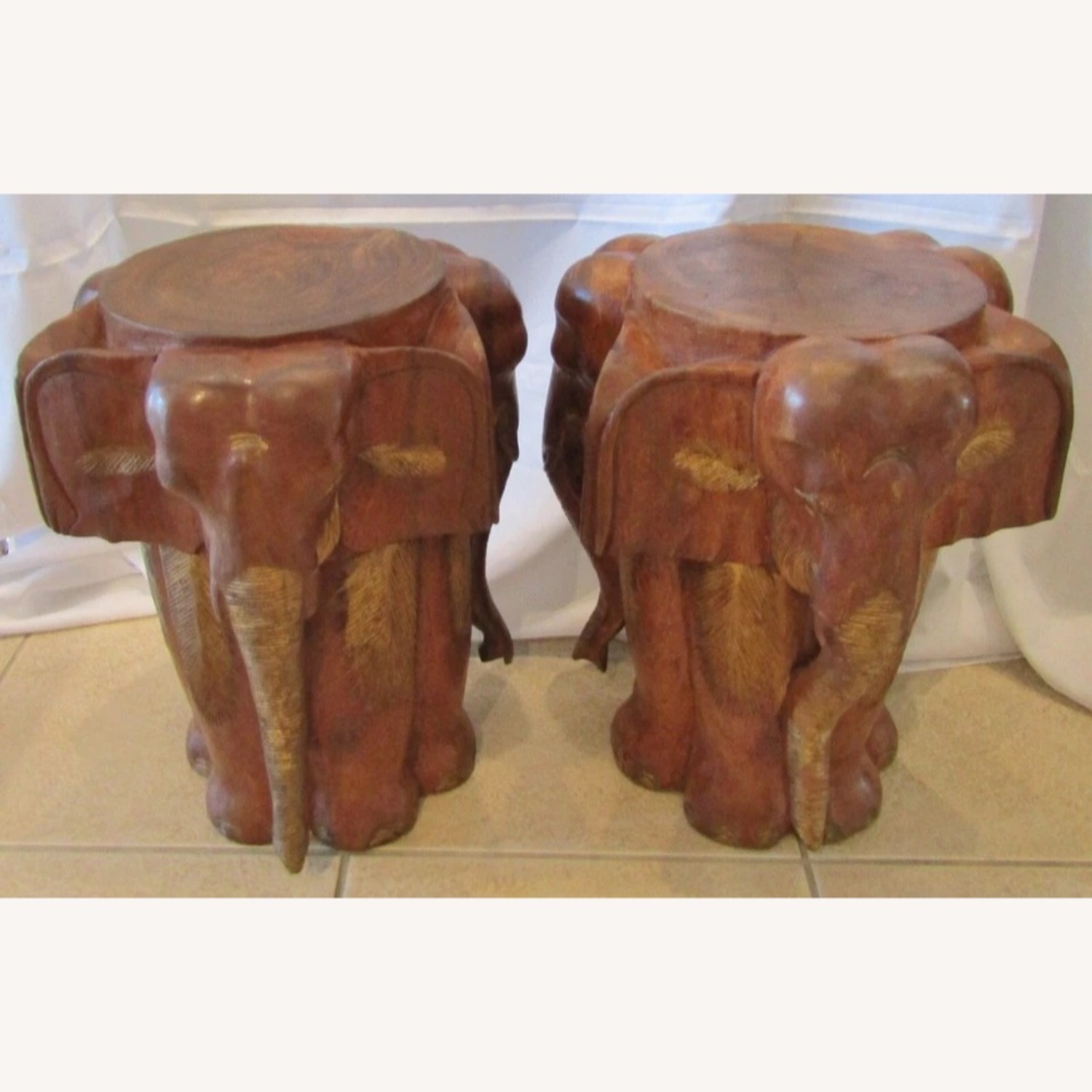 Vintage Pair Carved Wood Elephant Stools - image-3