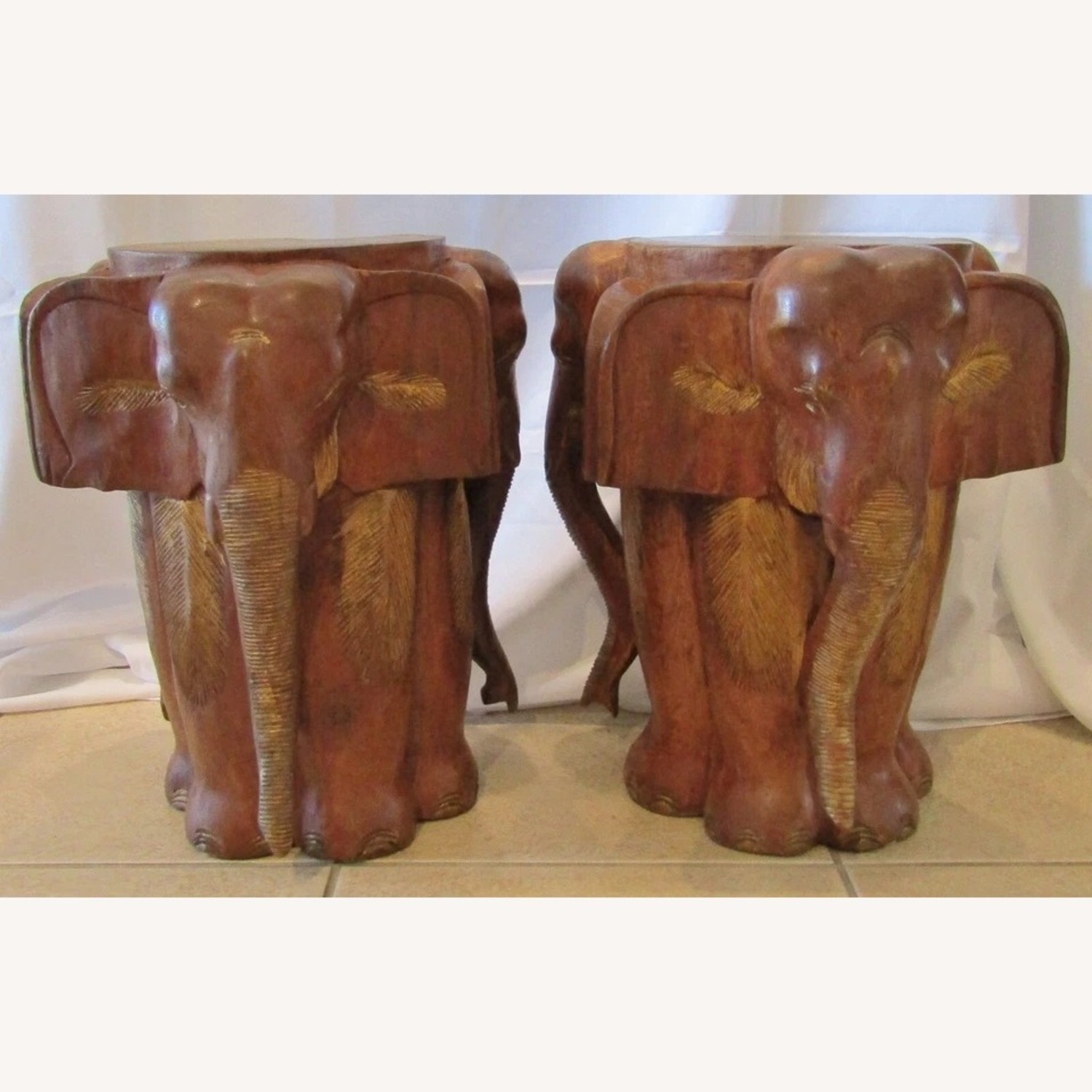 Vintage Pair Carved Wood Elephant Stools - image-2