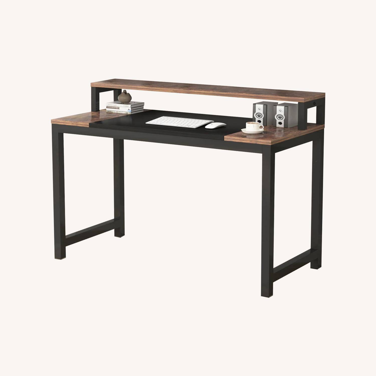 Rustic Wood Iron Computer Desk with Shelf - AptDeco