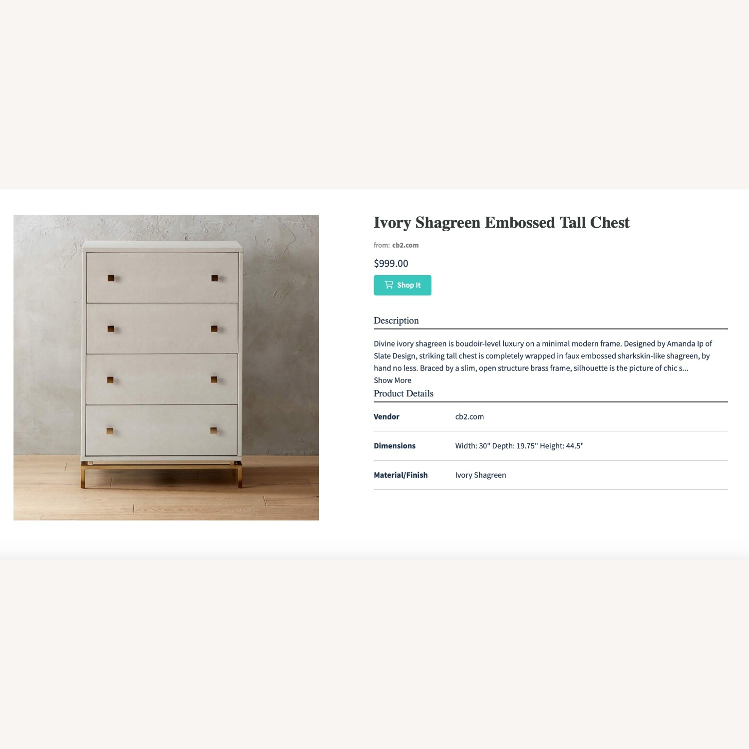 CB2 Ivory Shagreen Embossed Tall Chest - image-1