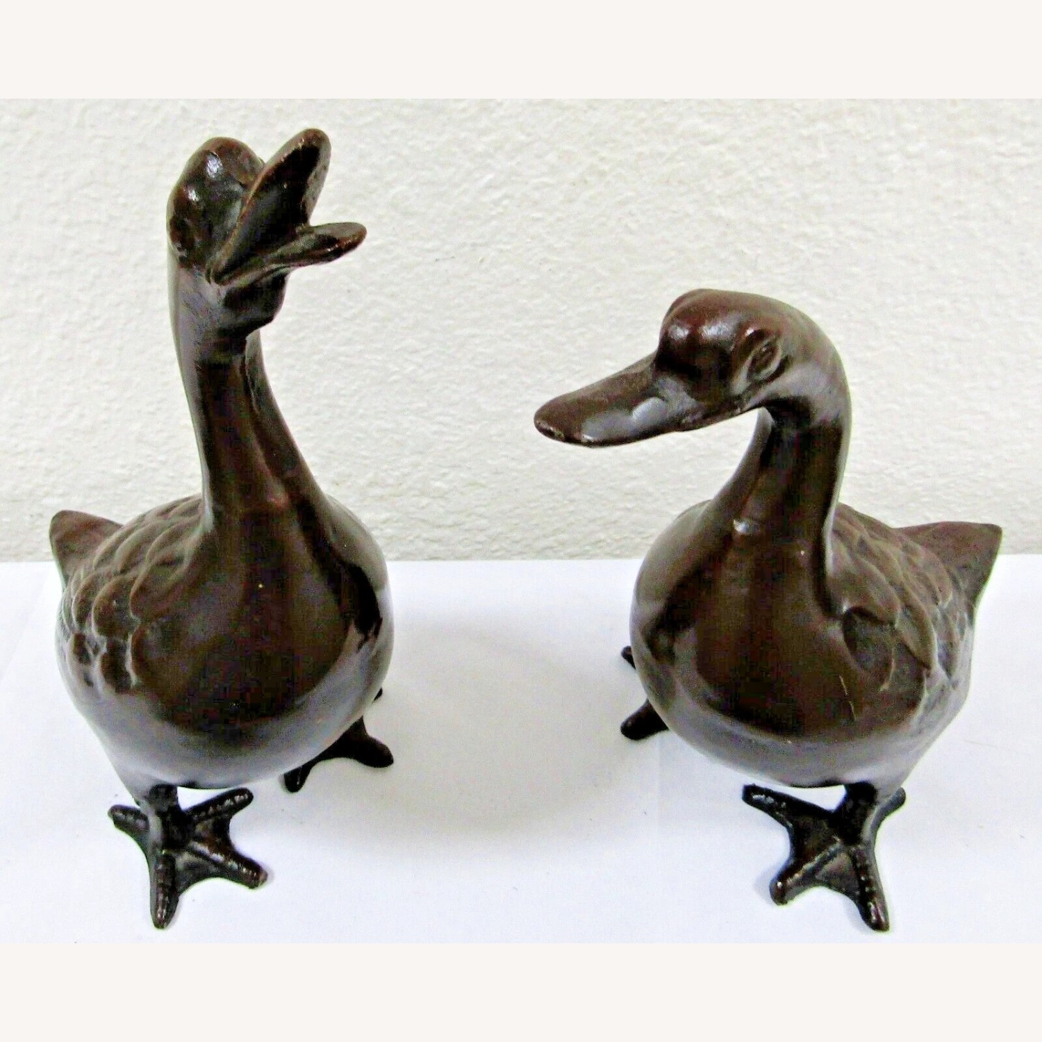 Pair of Vintage Detailed Bronze Geese Sculptures - image-1
