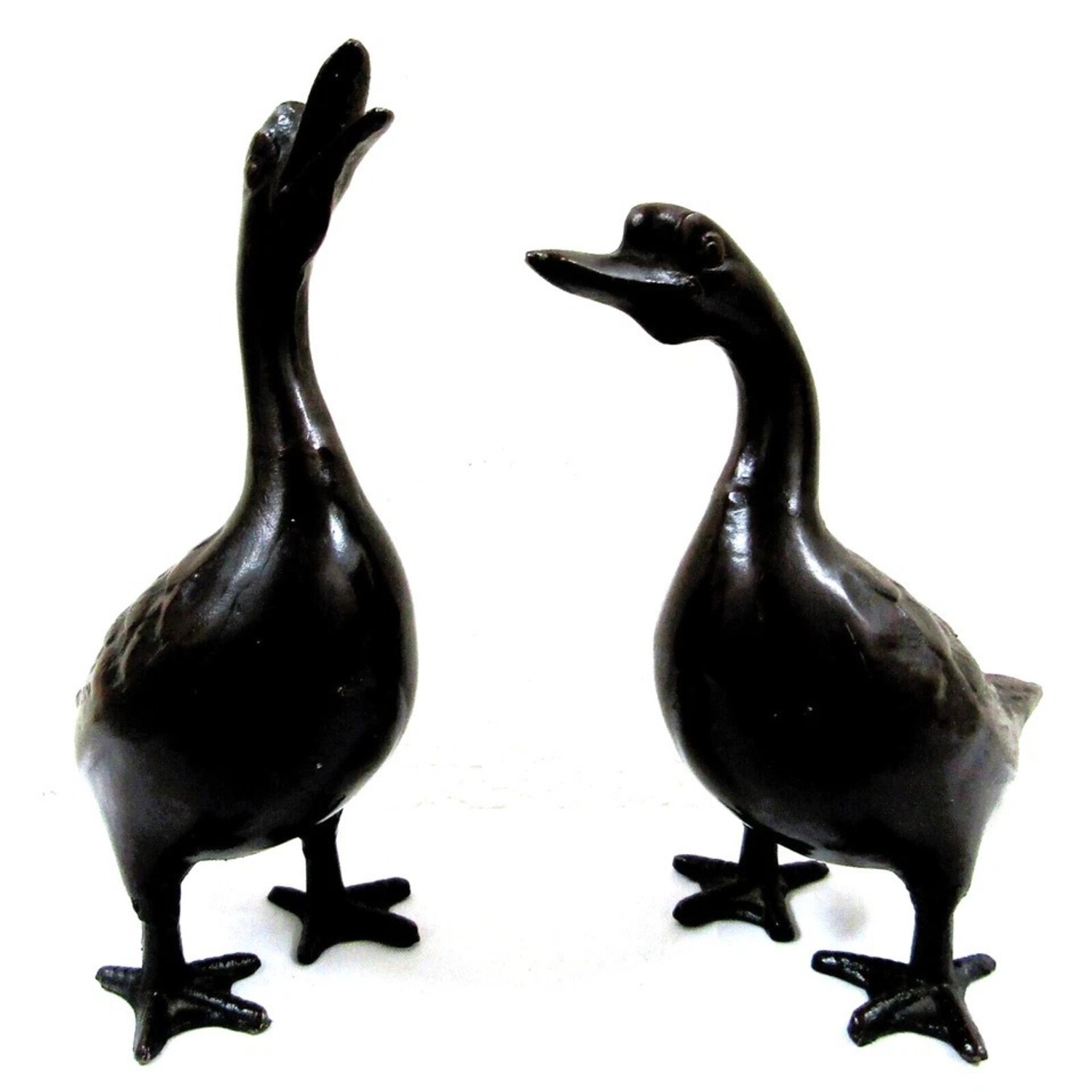 Pair of Vintage Detailed Bronze Geese Sculptures - image-2