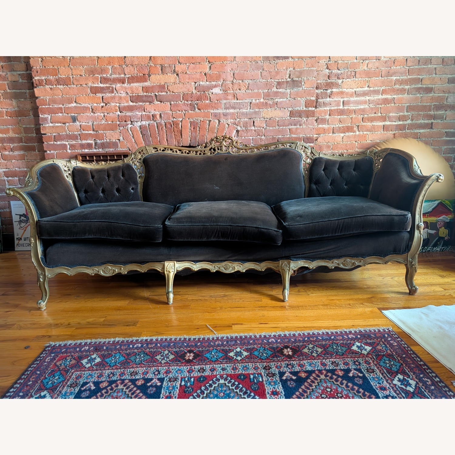 Antique Baroque Gilded Velvet Sofa - image-1