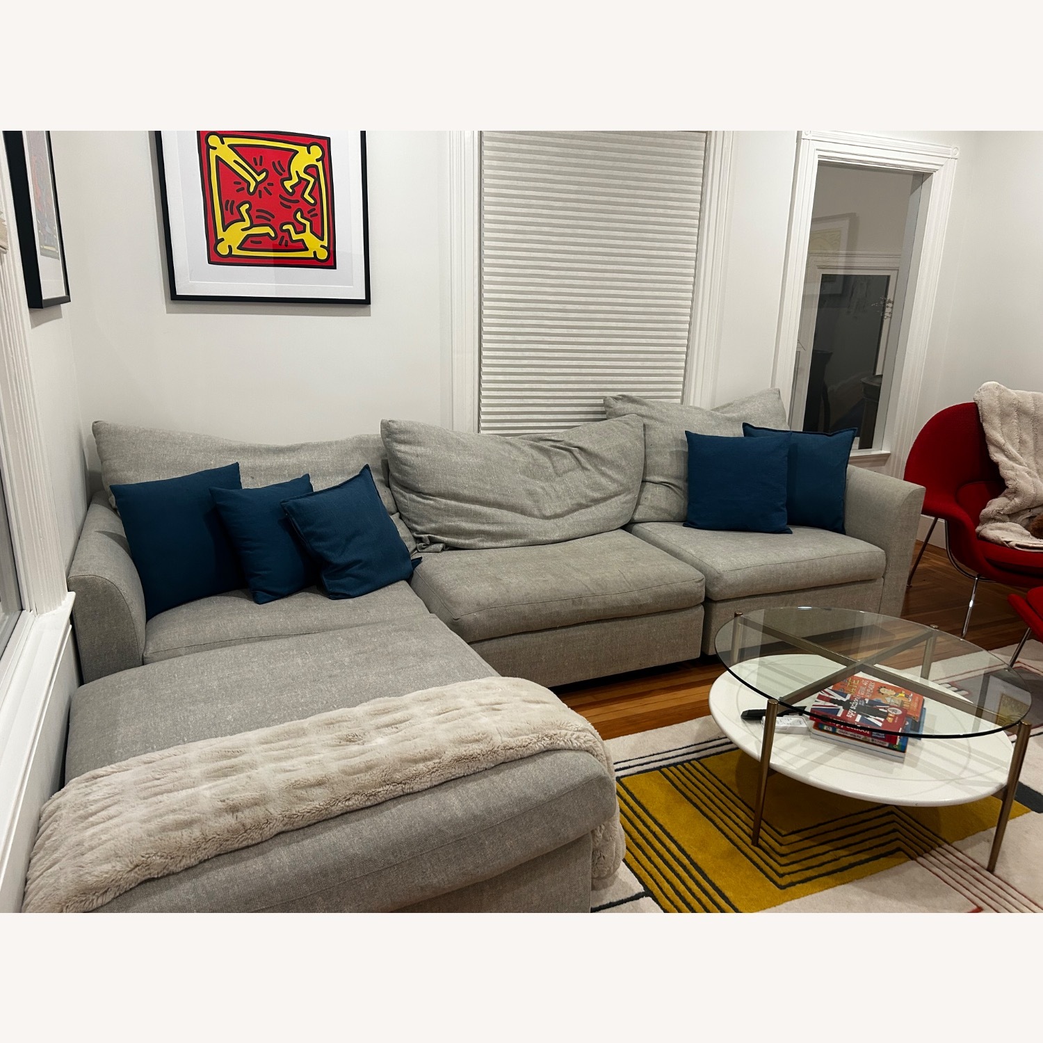 Mitchell Gold Grey Sectional, Feather Pillows - image-1