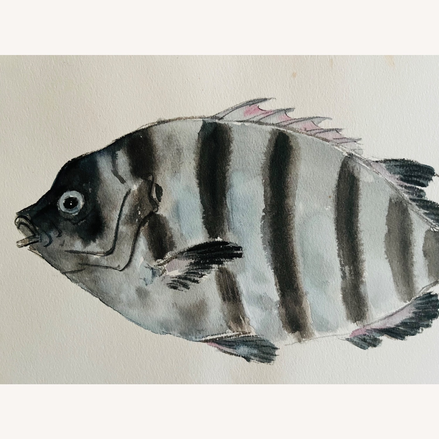 Mid Century Japanese Watercolor "The Fish" Kyoto - image-2