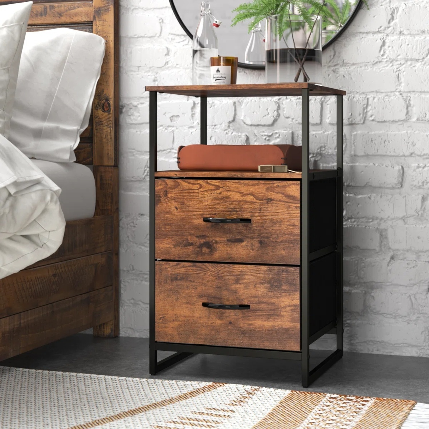 18" wide Industrial Wooden Nightstand with Iron Frame and 2 Drawers - image-4