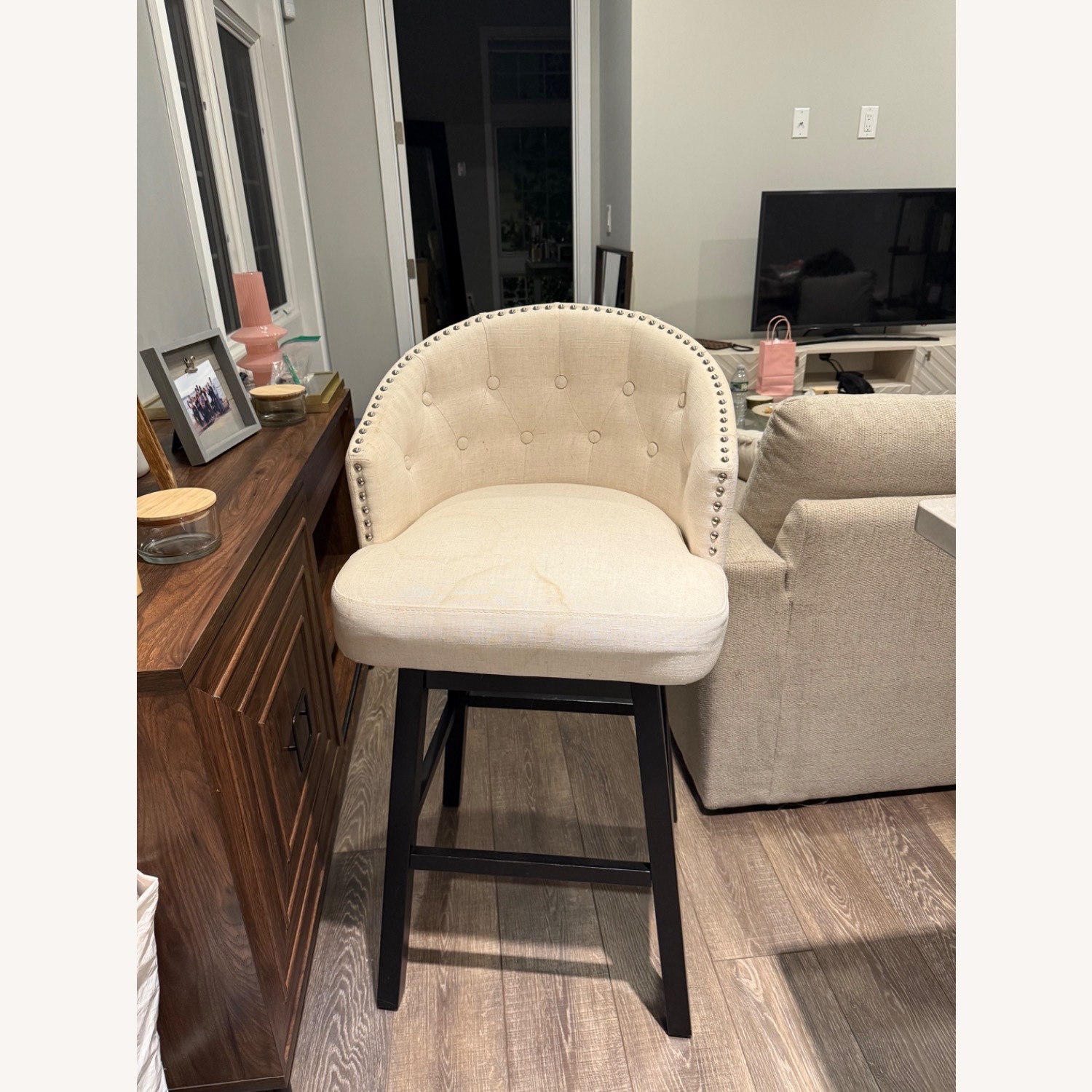 Baxton Studio Light Beige Fabric Wood Swivel Bar Stool - image-2