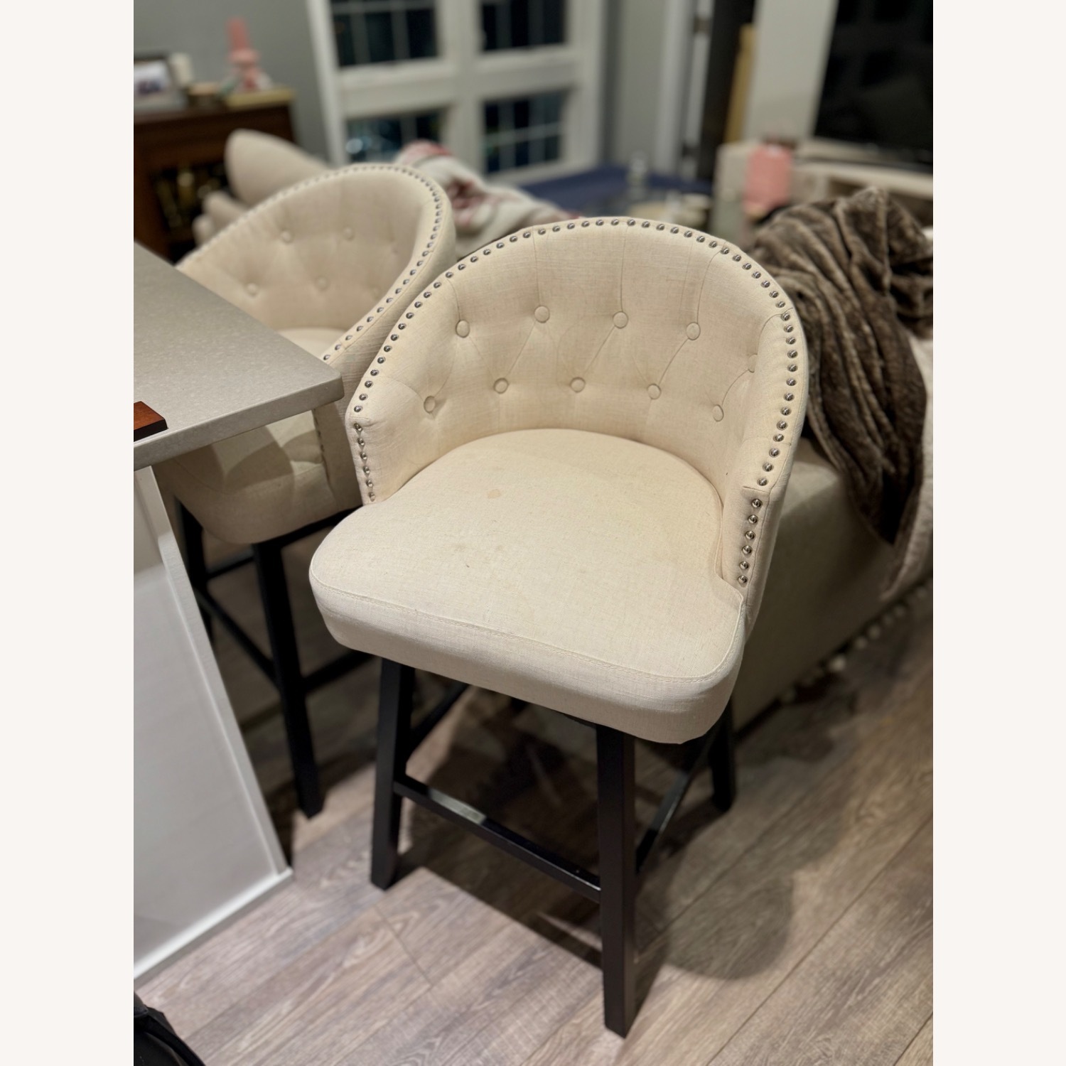 Baxton Studio Light Beige Fabric Wood Swivel Bar Stool - image-1