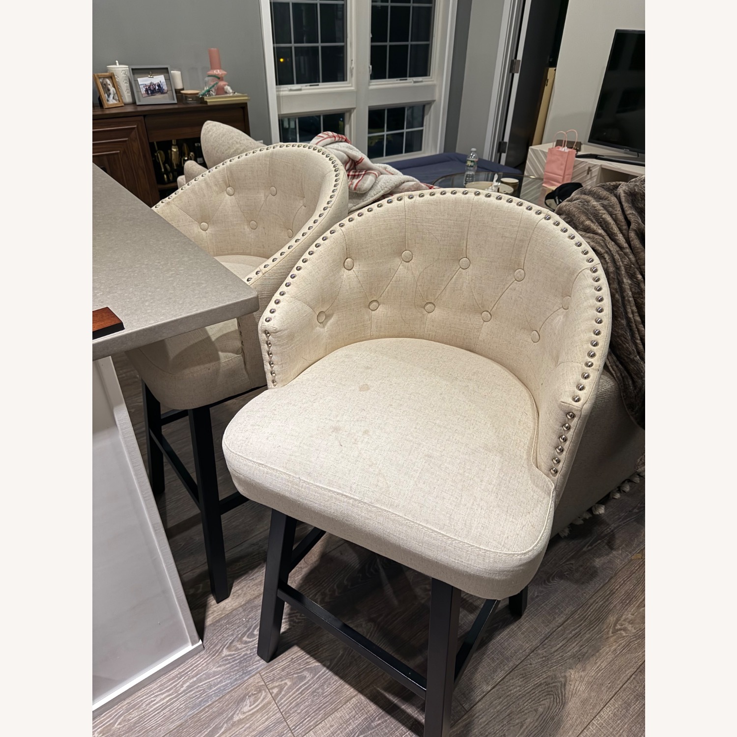 Baxton Studio Light Beige Fabric Wood Swivel Bar Stool - image-3