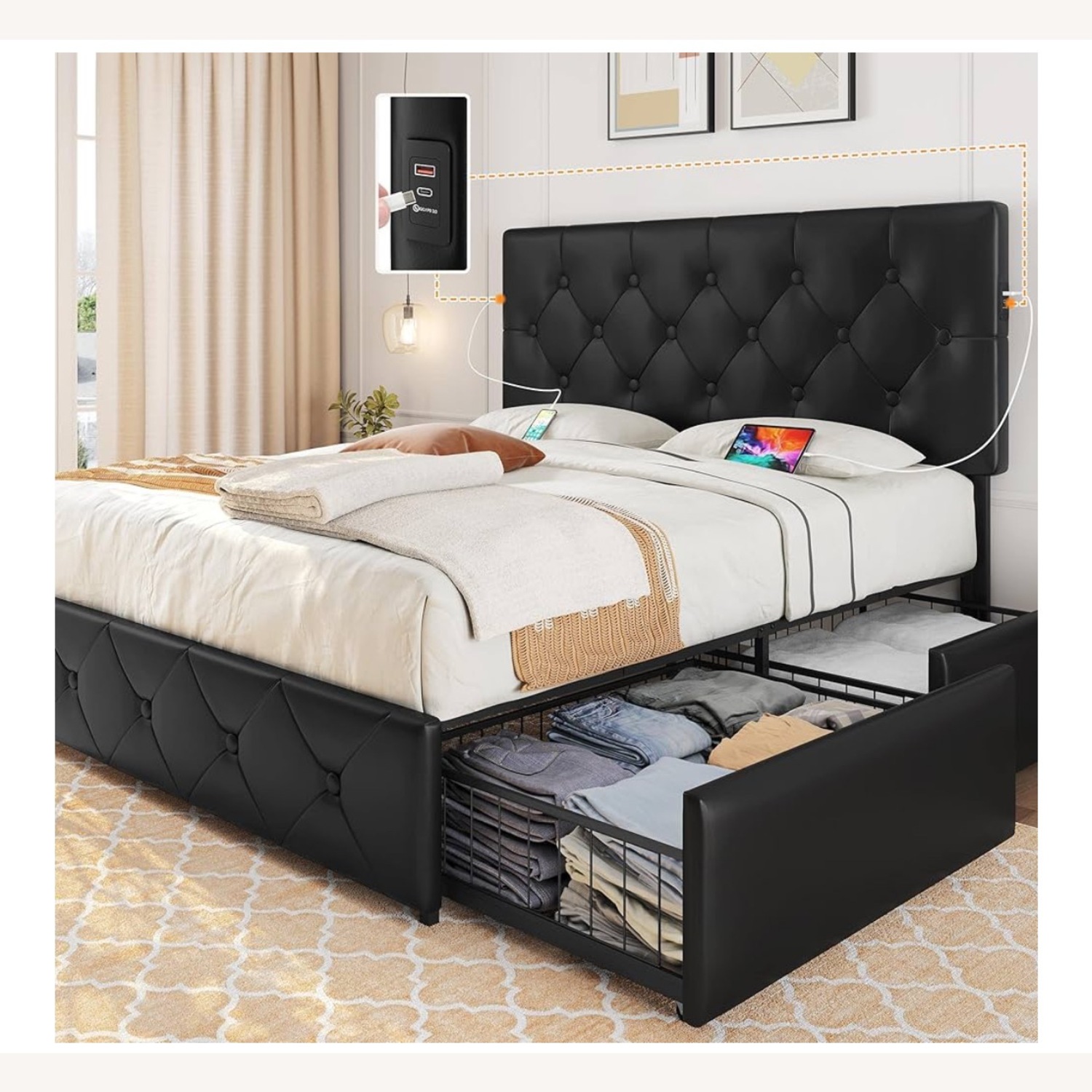 Amazon Black Queen Size Bed Frame w 4 Storage Drawers - image-1