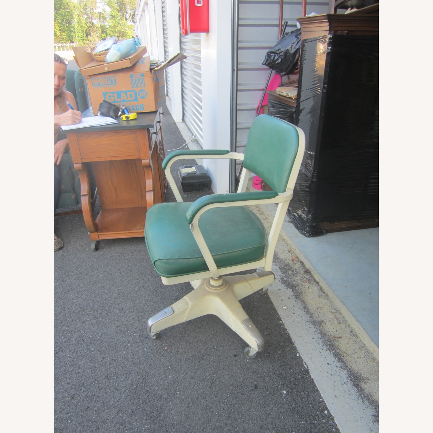 Vintage Industrial Office Chair Steel Green Vinyl - image-3