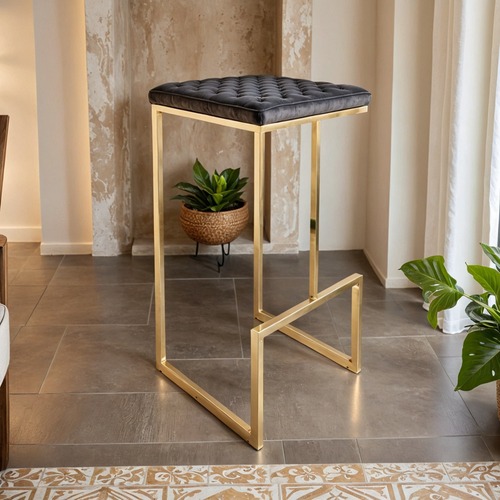 Used Quincy Black Leather Bar Stool in Gold Metal Base for sale on AptDeco
