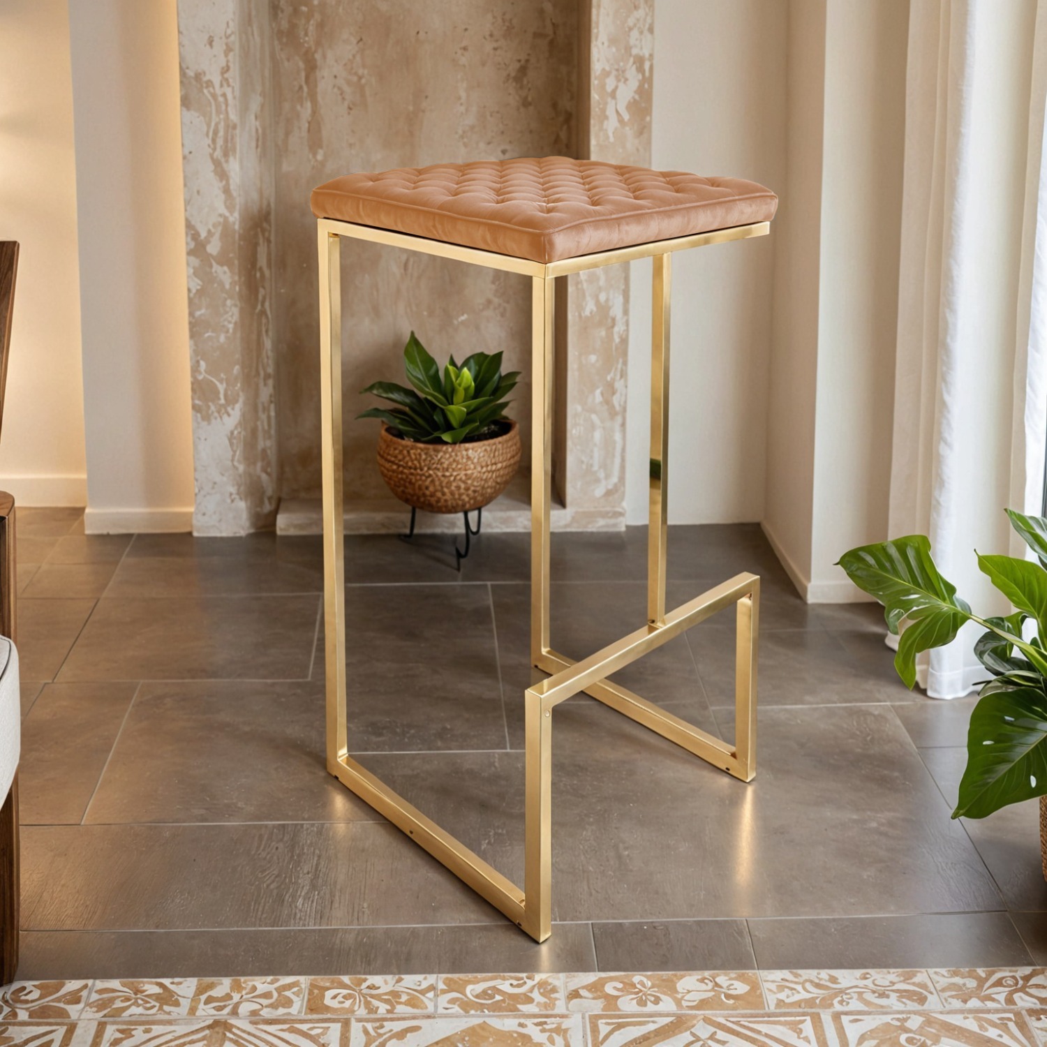 Quincy Brown Leather Bar Stool in Gold Metal Base - image-1