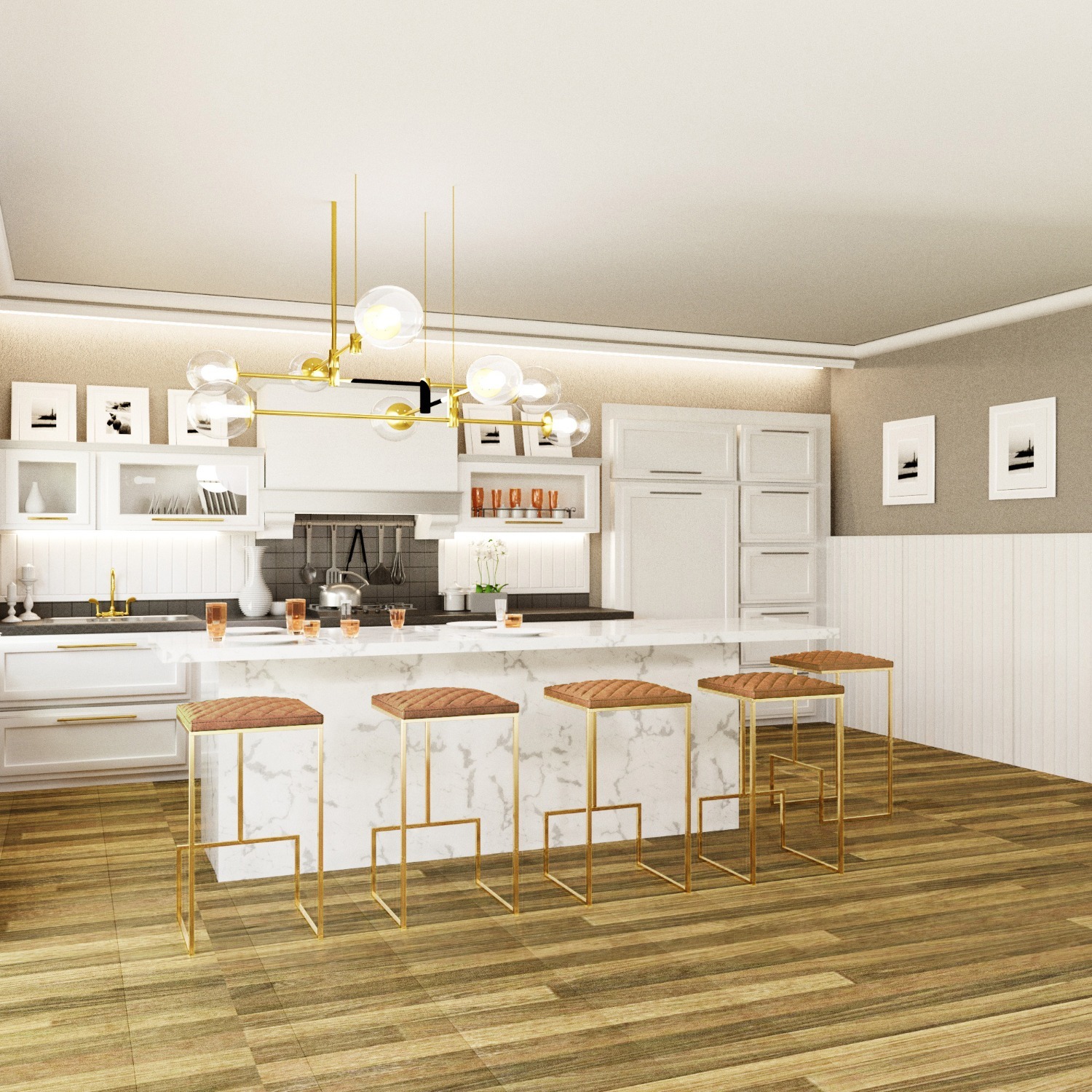 Quincy Brown Leather Bar Stool in Gold Metal Base - image-6