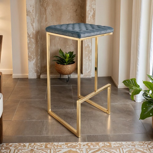 Used Quincy Blue Leather Bar Stool in Gold Metal Base for sale on AptDeco