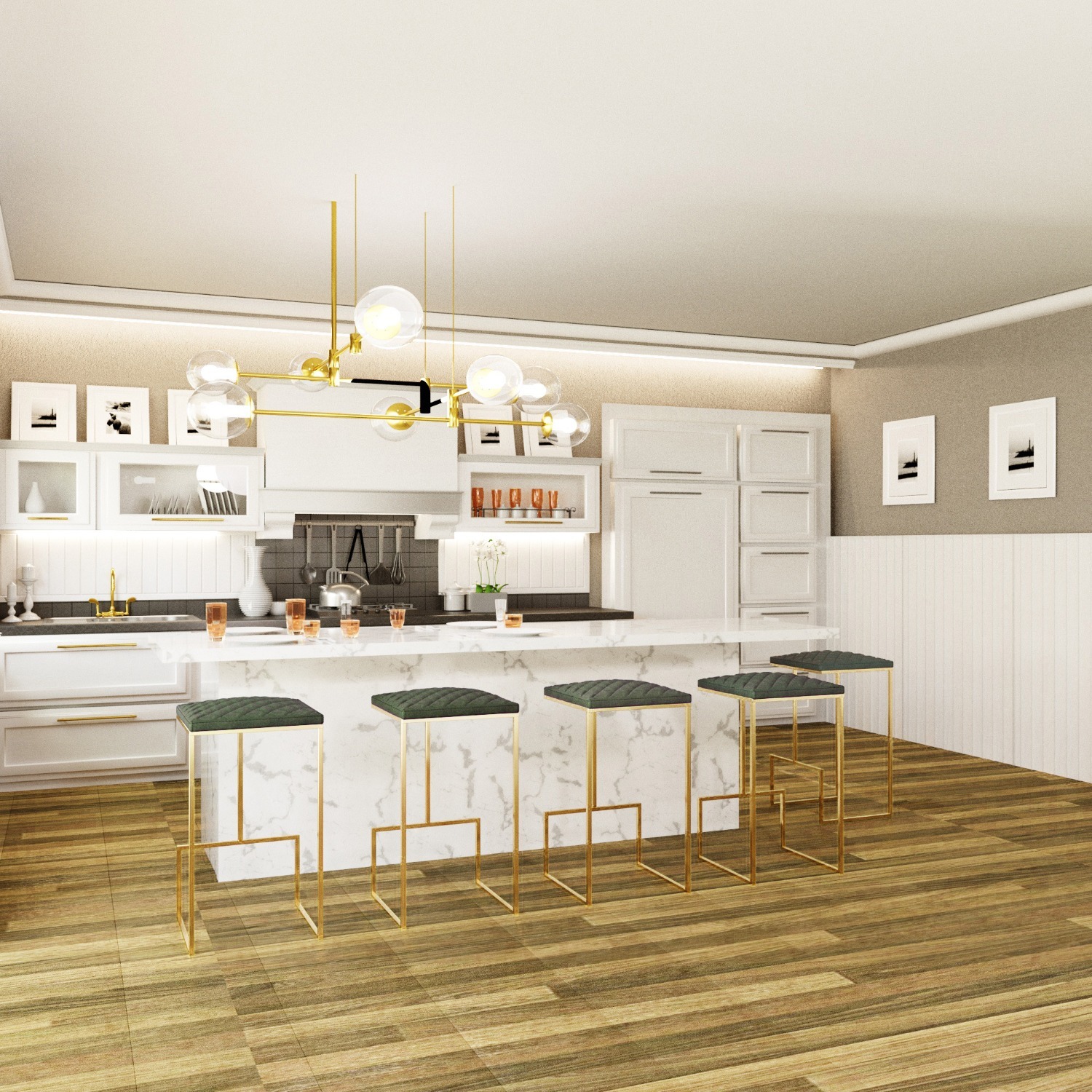 Quincy Green Leather Bar Stool in Gold Metal Base - image-6