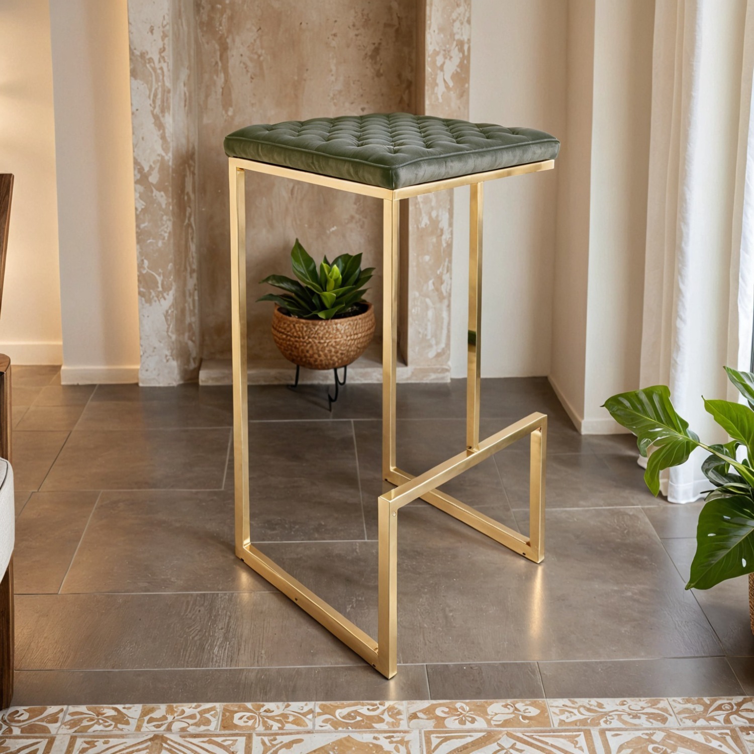 Quincy Green Leather Bar Stool in Gold Metal Base - image-1