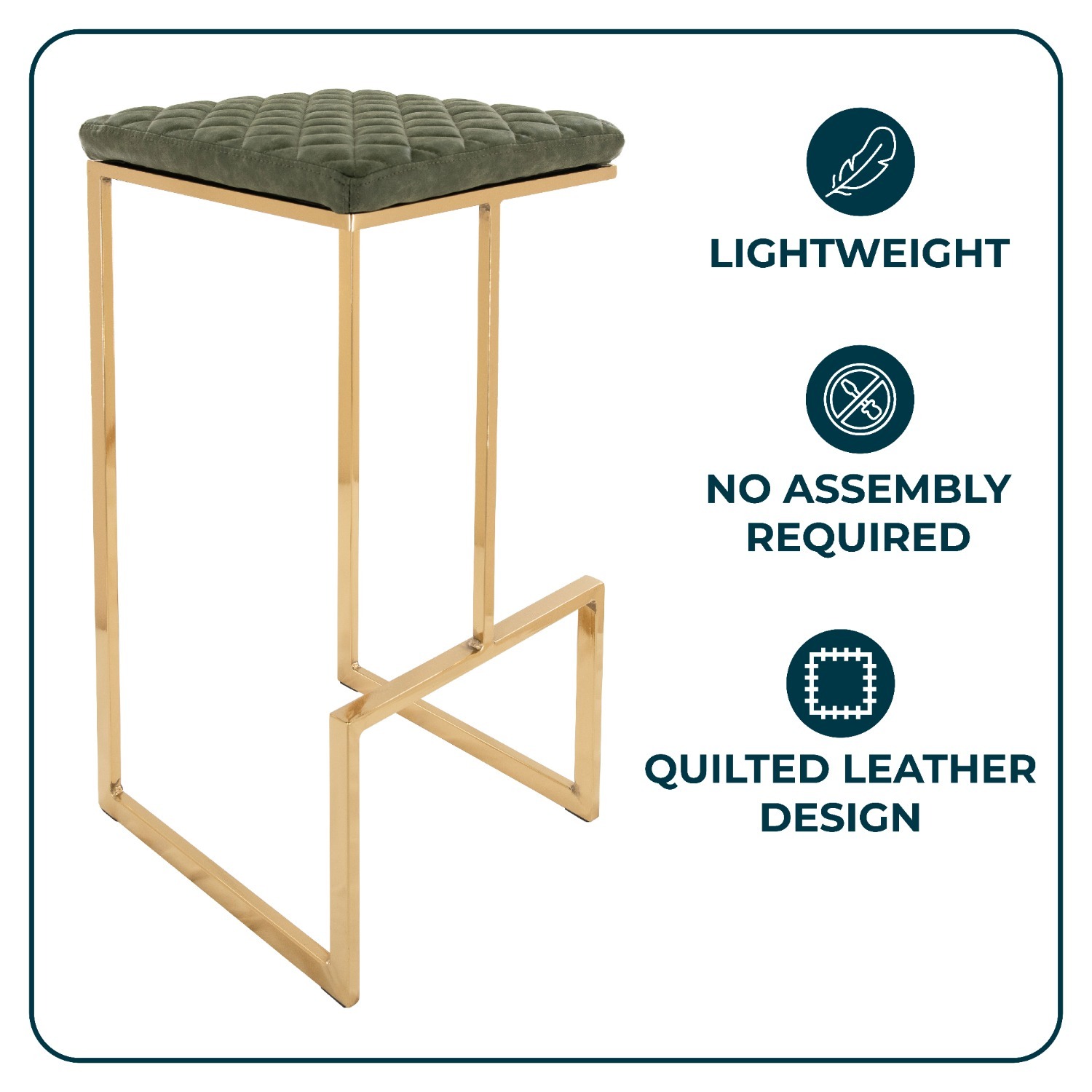 Quincy Green Leather Bar Stool in Gold Metal Base - image-4