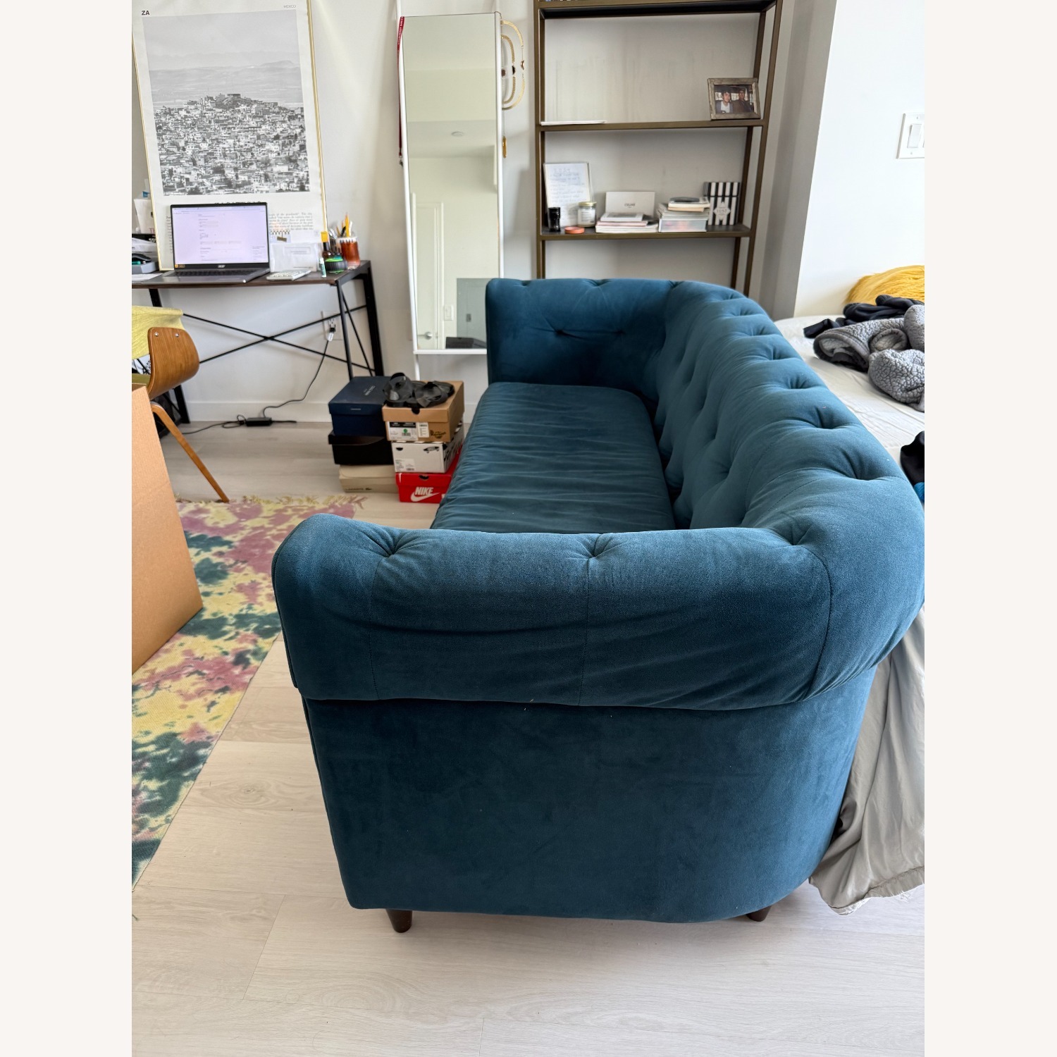 West Elm Navy Blue Velvet Tufted Sofa / Couch - image-2