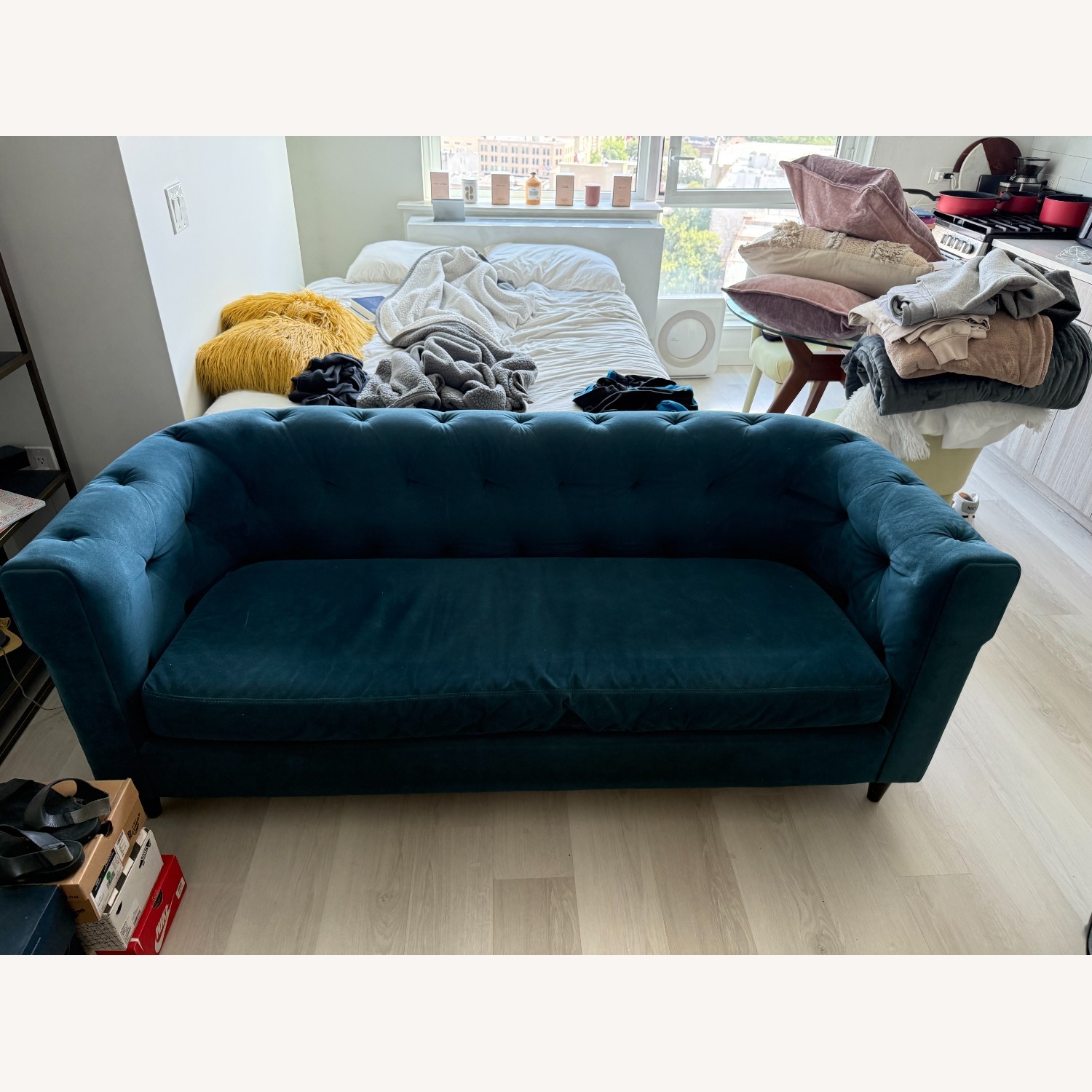 West Elm Navy Blue Velvet Tufted Sofa / Couch - image-1