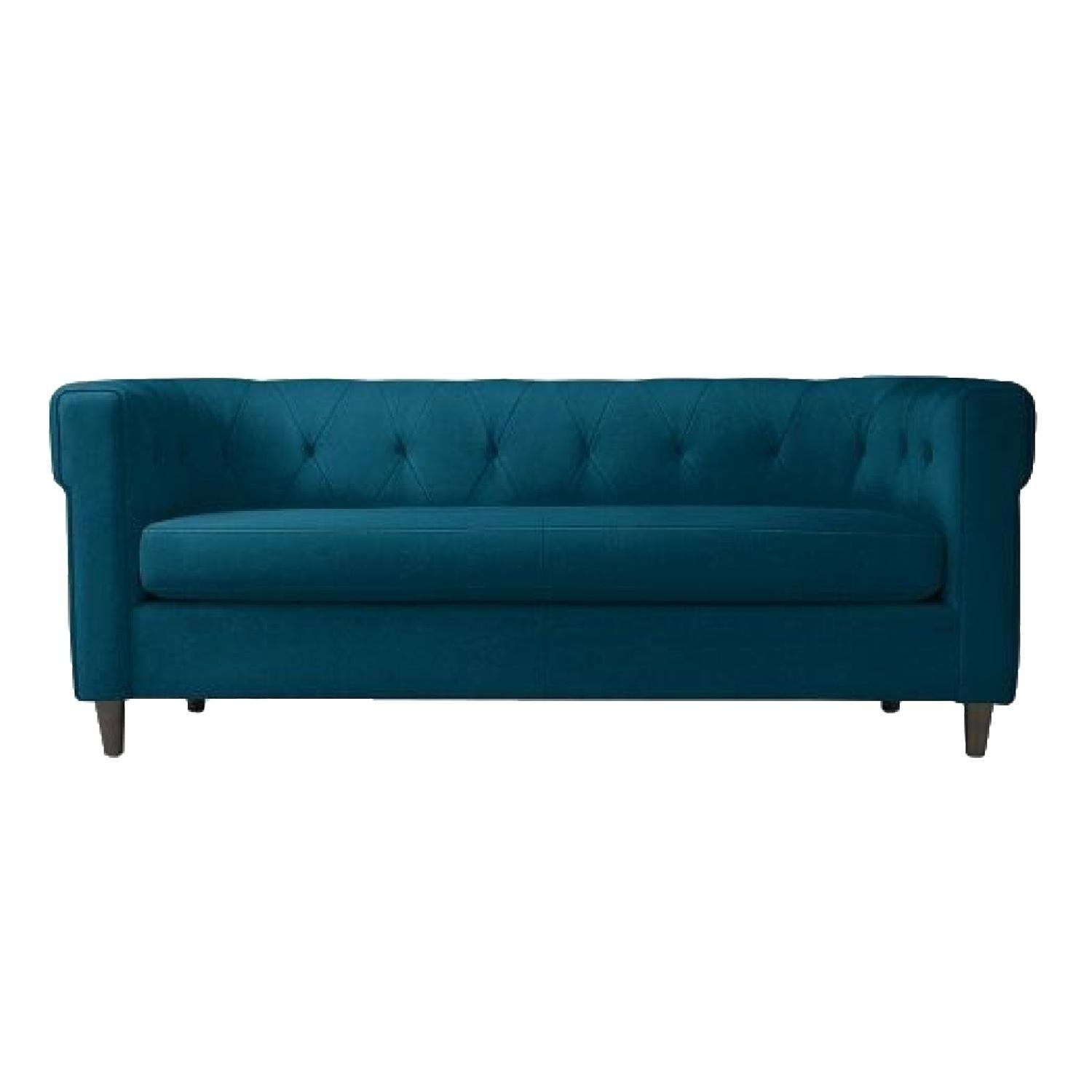 West Elm Navy Blue Velvet Tufted Sofa / Couch - image-0