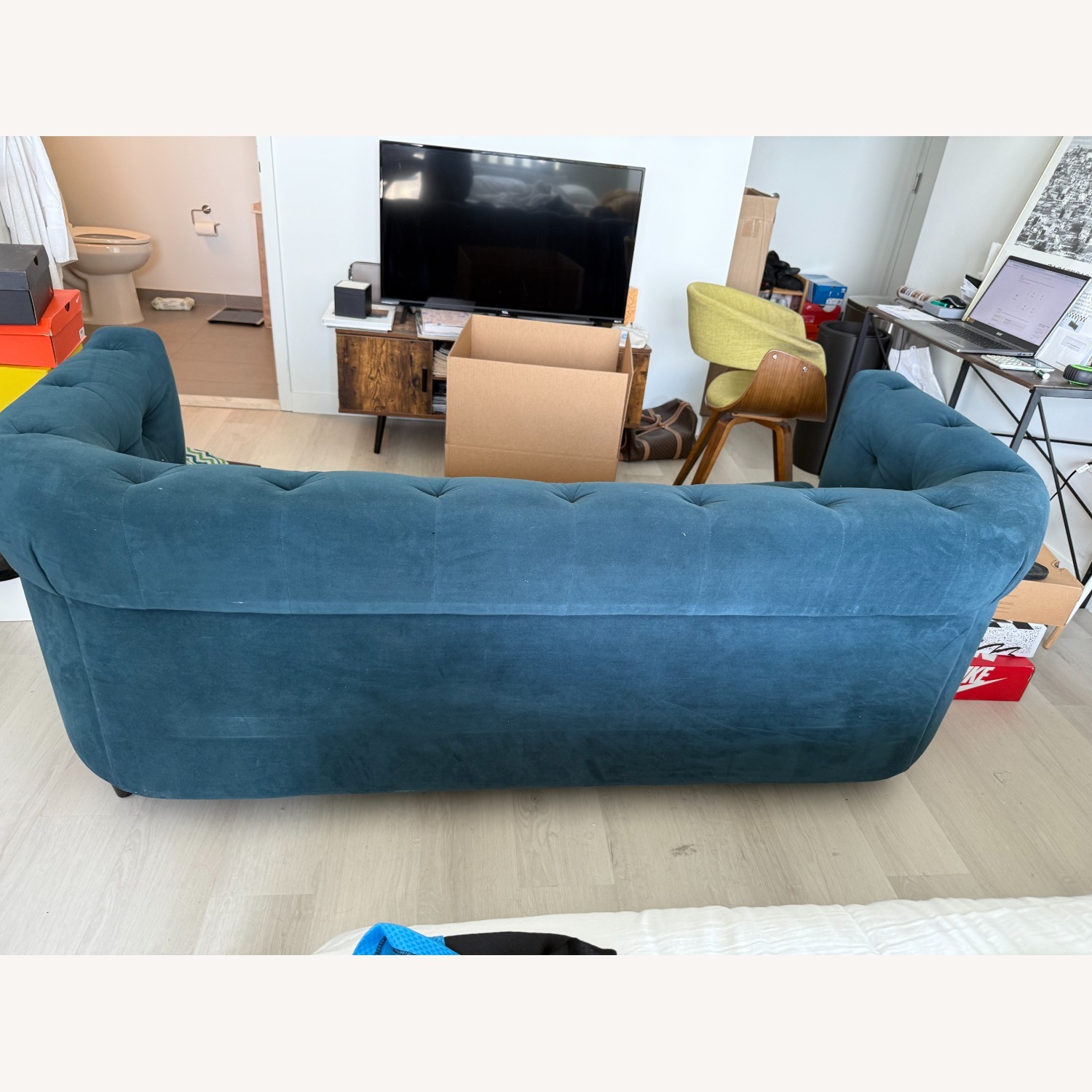 West Elm Navy Blue Velvet Tufted Sofa / Couch - image-3