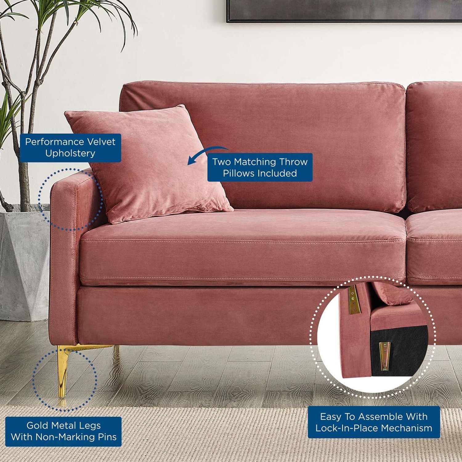 Sofa In Dusty Rose Performance Velvet Upholstery - image-8